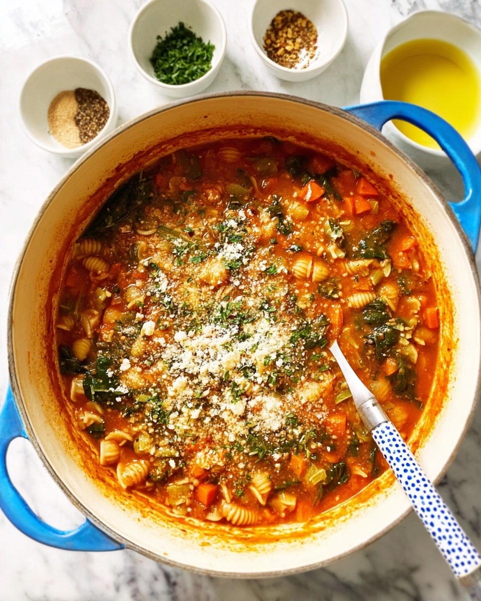 A large white pot with blue handles holds a thick soup with chunky layers. The base layer is a rich orange tomato broth, thick and splattered along the edges of the pot. Mixed inside are small spiral pasta pieces in pale beige, bright orange carrot cubes, and dark green spinach leaves, creating a colorful and textured mix. On top, there is a generous sprinkle of finely grated white cheese and small green herb pieces, adding contrast and detail. A silver spoon with blue dots rests inside the pot, partly submerged in the soup. Around the pot on a white marbled surface, small white ramekins with chopped green herbs and a mix of white and brown spices are visible, along with a white measuring cup holding yellow oil. photo taken with an iphone --ar 4:5 --v 7