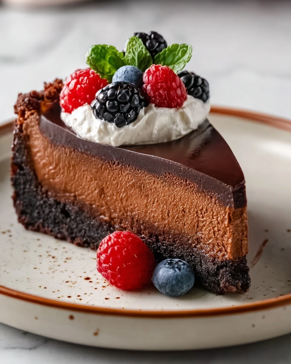 A slice of chocolate cheesecake with three visible layers sits on a white plate with light brown specks and a brown rim, placed on a white marbled surface. The bottom layer is a dark, crumbly chocolate crust, the middle layer is a smooth, rich brown chocolate filling, and the top layer is a glossy dark chocolate ganache. On top of the slice is a dollop of white whipped cream, decorated with fresh red raspberries, dark blue blueberries, and black blackberries, with a small green mint leaf behind the cream. Two berries, a red raspberry and a blue blueberry, rest beside the cheesecake slice on the plate. Photo taken with an iphone --ar 4:5 --v 7