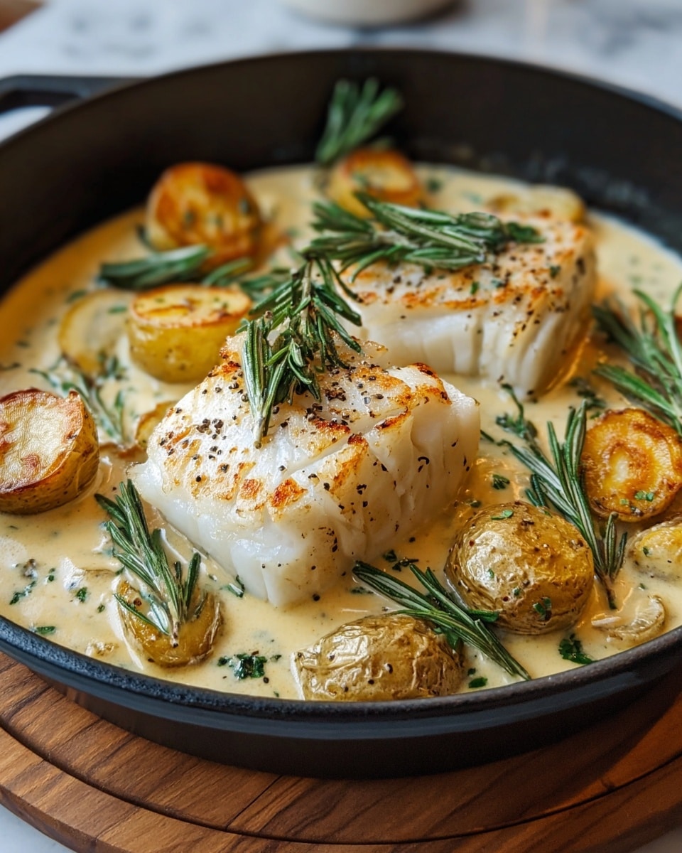 A black pan contains two thick, grilled white fish fillets with charred golden-brown spots on top, resting in a creamy light yellow sauce with specks of herbs. Around the fish, there are several pieces of small, golden-brown roasted potatoes with some slices showing a slightly crispy texture. Fresh green rosemary sprigs are scattered on the fish and sauce, adding a bright contrast. The pan sits on a white marbled surface with a blurred background, showing part of another white bowl filled with something creamy. Photo taken with an iphone --ar 4:5 --v 7