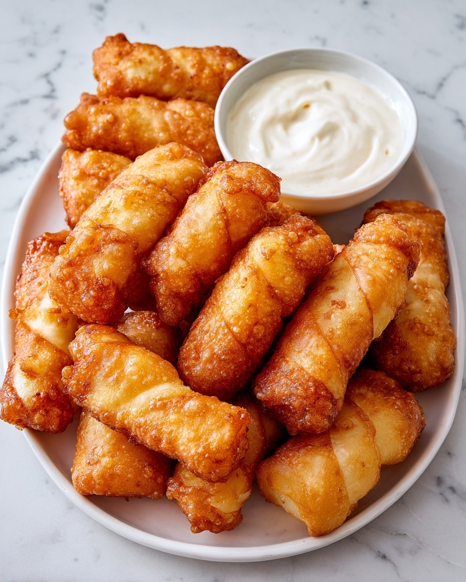 A white plate filled with many small, golden-brown fried rolls that have a crispy, bubbly texture on their outside. The rolls are tightly wrapped and vary slightly in size, stacked close together to fill the plate. Next to the plate is a white bowl filled with a smooth, creamy white sauce or dip. The whole scene is set on a white marbled surface. photo taken with an iphone --ar 4:5 --v 7