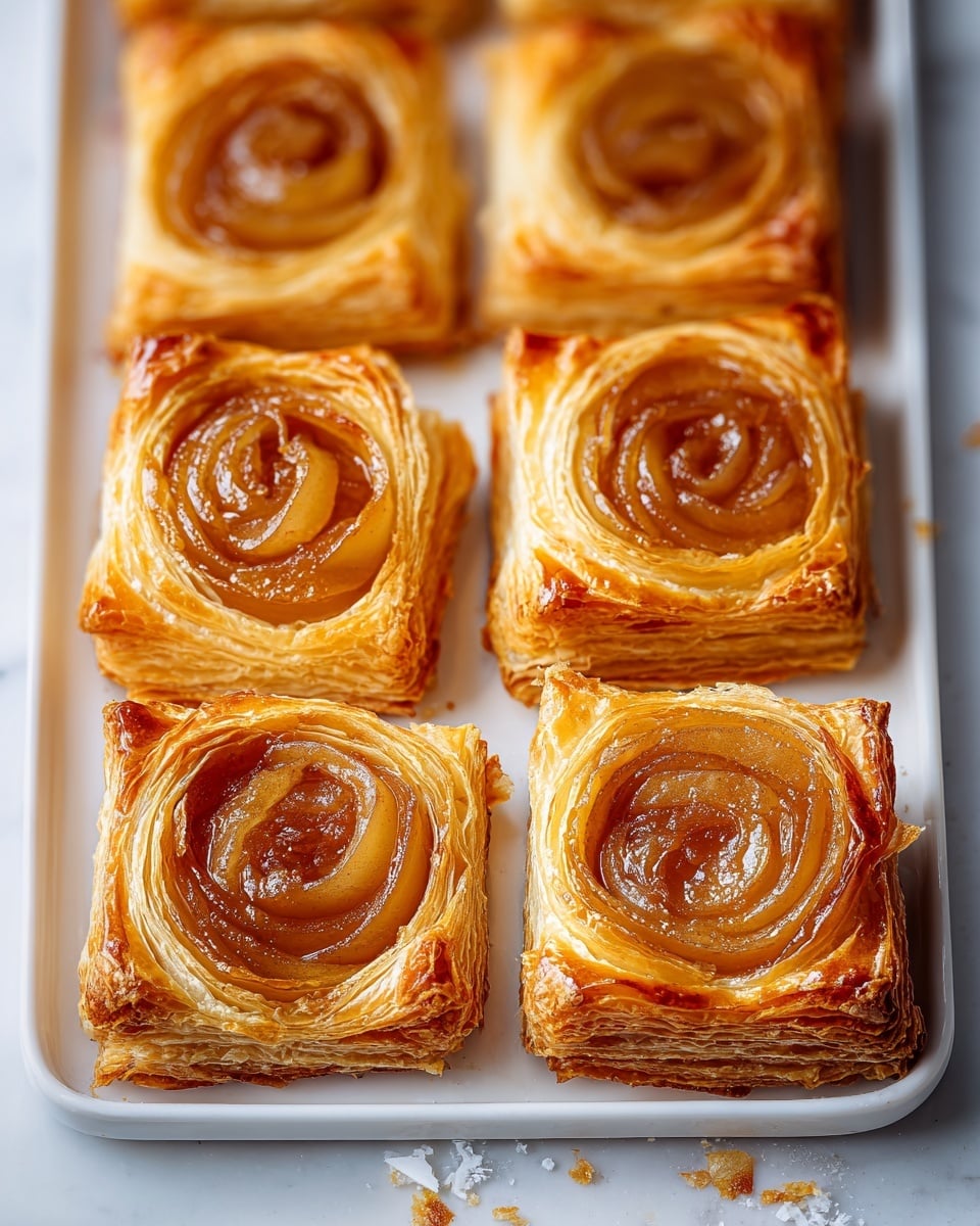 The image shows six square puff pastries arranged in two rows on a white tray. Each pastry has several layered, golden-brown, flaky edges that are thick and crisp. In the center of each square is a round, tightly coiled swirl of caramelized pear slices, glowing with a shiny, light brown glaze. The layers of the pears are thin and look soft, with a slightly translucent texture, standing out against the rich strands of layered dough around them. The white tray is placed on a white marbled surface, with a few small crumbs and flakes scattered near the bottom. Photo taken with an iphone --ar 4:5 --v 7