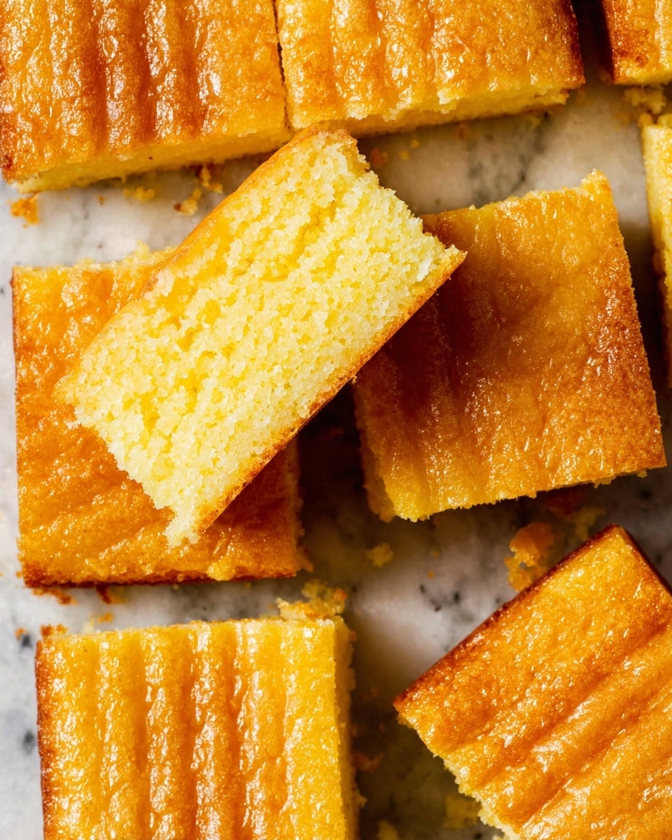 A close-up view of several square pieces of golden yellow cake, arranged closely on a white marbled surface. Each piece has a slightly crispy, shiny top layer with a light grid pattern of lines pressed into the surface, showing a soft and moist interior. One piece is placed on top of another, revealing the thick, smooth inner cake layer that is a lighter yellow. The bottom edges look soft yet firm, with a few crumbs scattered around. The scene focuses tightly on the texture and uniformity of the layered cake squares, highlighting their warm, inviting color. Photo taken with an iphone --ar 4:5 --v 7