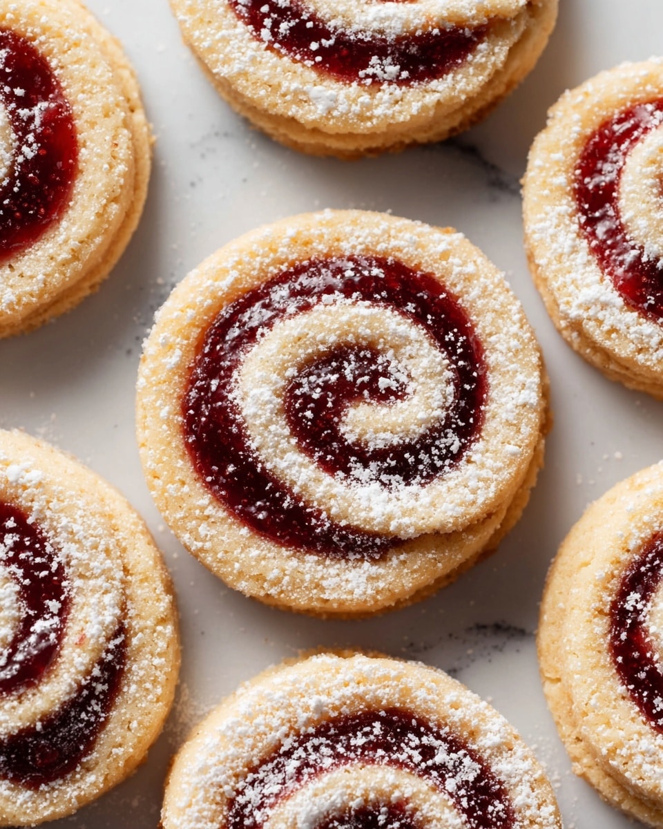 The image shows close-up views of several small, round pastries arranged tightly together on a white marbled surface. Each pastry consists of delicate golden-brown layers of soft dough spiraled around a thick, dark red jam filling, creating a visible swirl pattern. The outer edges of the dough are slightly puffed and flaky, while the jam layer in the center looks glossy and smooth. A light dusting of white powdered sugar is sprinkled on top, adding a fine texture contrast across both the dough and jam. The overall look is warm and inviting with clearly defined layers of dough and filling in each pastry. photo taken with an iphone --ar 4:5 --v 7