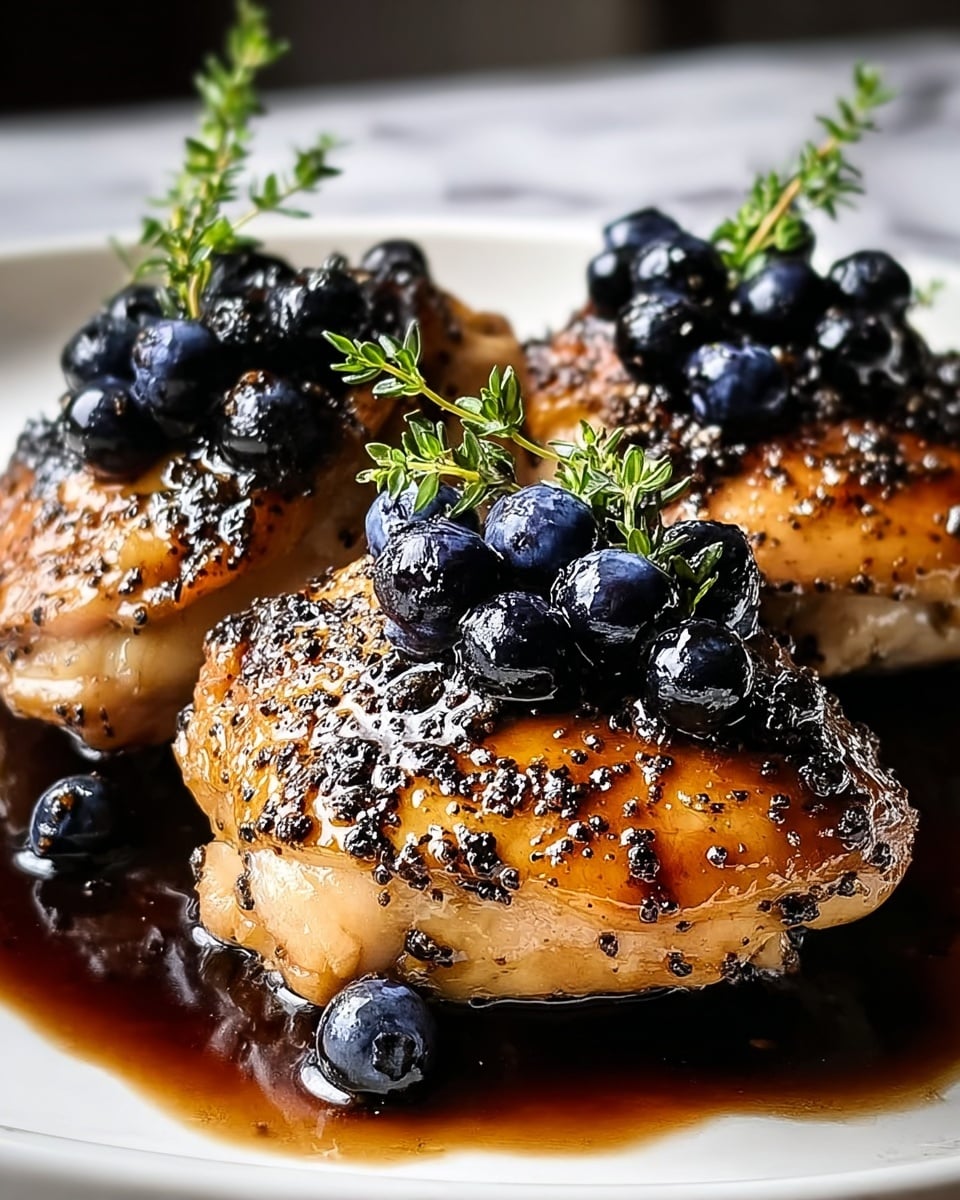 The image shows three cooked chicken thighs with a glossy, caramelized brown color and a slightly charred texture on the surface. Each chicken piece is topped with a small bunch of shiny, dark purple berries and green herb sprigs. The chicken rests in a pool of thick, dark brown sauce that spreads across the white plate. Some extra berries are scattered around the chicken on the plate, which is set on a white marbled texture. photo taken with an iphone --ar 4:5 --v 7