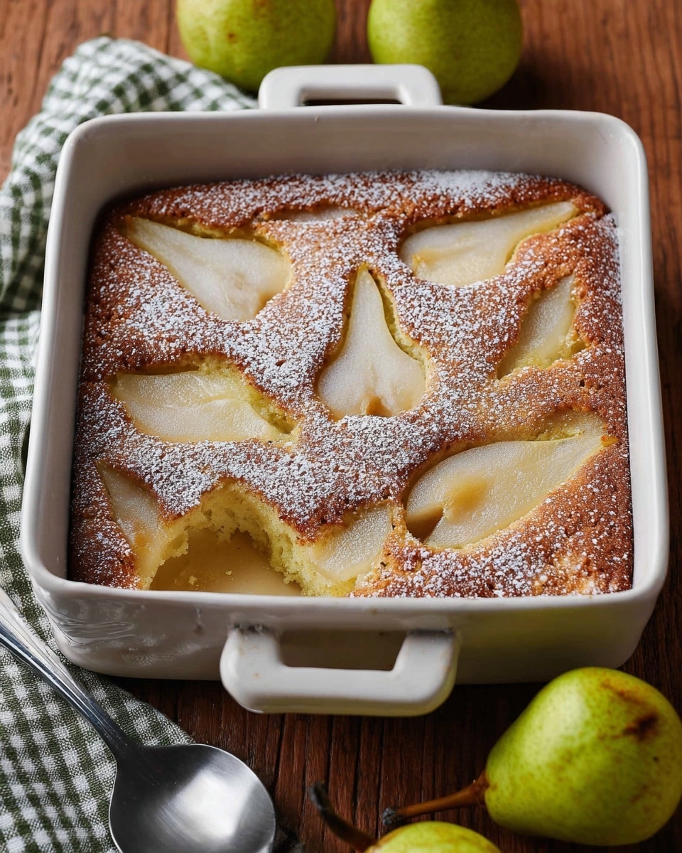 A white square baking dish holds a golden brown pear cake with whole and sliced pear pieces embedded on the top, their soft yellow-green color contrasting with the cake’s warm surface dusted lightly with powdered sugar. The cake has a slightly uneven texture with some browned edges and visible pockets where the pear slices rest. The dish sits on a white marbled surface next to two fresh whole pears and a large tarnished silver spoon, with a green and white checkered cloth partially visible underneath the dish. photo taken with an iphone --ar 4:5 --v 7