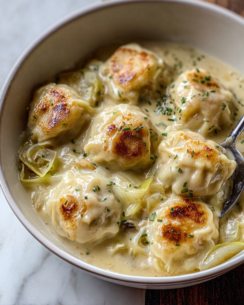 The dish shows about eight soft, pillow-like dumplings with a glossy, creamy white sauce covering them. Each dumpling has a golden-brown top with a slightly crisp texture and is sprinkled with black pepper and small green herb bits. Thin, pale yellow-green cabbage strips peek out between the dumplings. They sit inside a white bowl with a brown rim, which rests on a white marbled surface. A silver spoon is placed inside the bowl in the background. Photo taken with an iphone --ar 4:5 --v 7