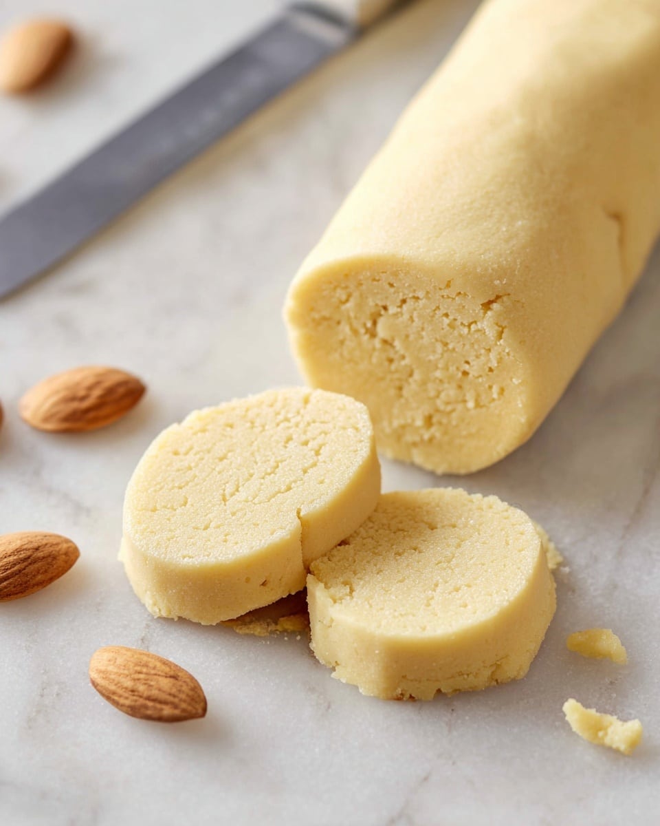 The image shows a pale yellow, soft dough log lying on a white marbled surface, with two slices cut from it placed in the front. The dough texture appears smooth yet slightly crumbly inside, showing small granules. Around the log and slices, there are a few whole blanched almonds scattered. A knife is partially visible on the left side of the image. Photo taken with an iphone --ar 4:5 --v 7