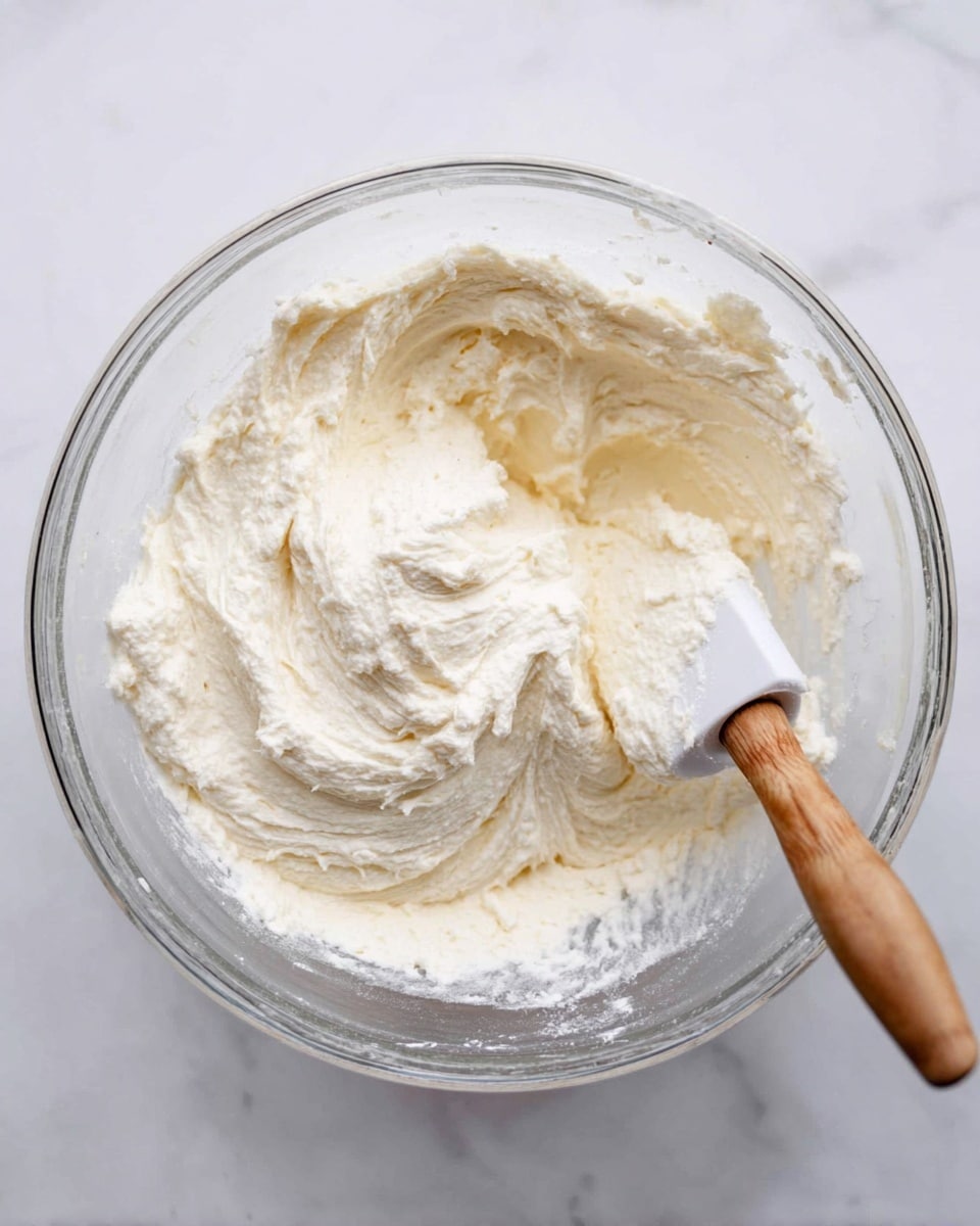 A clear glass mixing bowl sits on a white marbled surface, filled with a thick, creamy, off-white mixture with a slightly grainy texture. A wooden-handled spatula with a white silicone head is partially submerged in the mixture on the right side of the bowl, showing swirls and folds in the soft, fluffy batter. The bowl's transparent sides show the mixture pushed towards the center with some texture visible along the edges, giving a fresh, just-mixed look. photo taken with an iphone --ar 4:5 --v 7