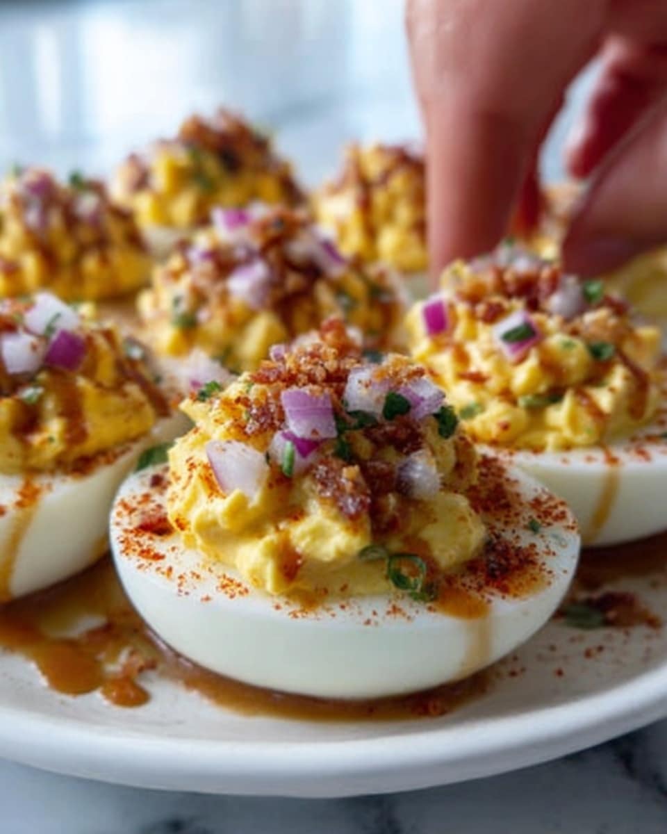 The image shows a close-up of deviled eggs arranged on a white plate placed on a white marbled surface. Each egg half has three clear layers: the smooth white egg white at the bottom, the bright yellow creamy yolk mixture in the middle with a slightly crumbly texture, and a topping layer that includes small pieces of red onion, finely chopped herbs, crumbled bacon bits, and a sprinkle of paprika, with a drizzle of brown sauce over everything. A woman's hand is reaching to pick up one of the deviled eggs. The scene is bright and focused, showcasing the colors and textures clearly, photo taken with an iphone --ar 4:5 --v 7