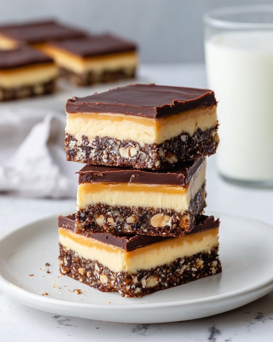 Three square dessert bars are stacked on a white plate placed on a white marbled surface. Each bar has three visible layers: the bottom layer is dark brown and chunky with bits of nuts and crumbs, the middle layer is a smooth, creamy pale yellow, and the top layer is a shiny, thick dark chocolate sheet. In the background, a glass of milk and two more bars on another white plate are slightly out of focus. The lighting is soft and natural, highlighting the textures and colors of the dessert. photo taken with an iphone --ar 4:5 --v 7