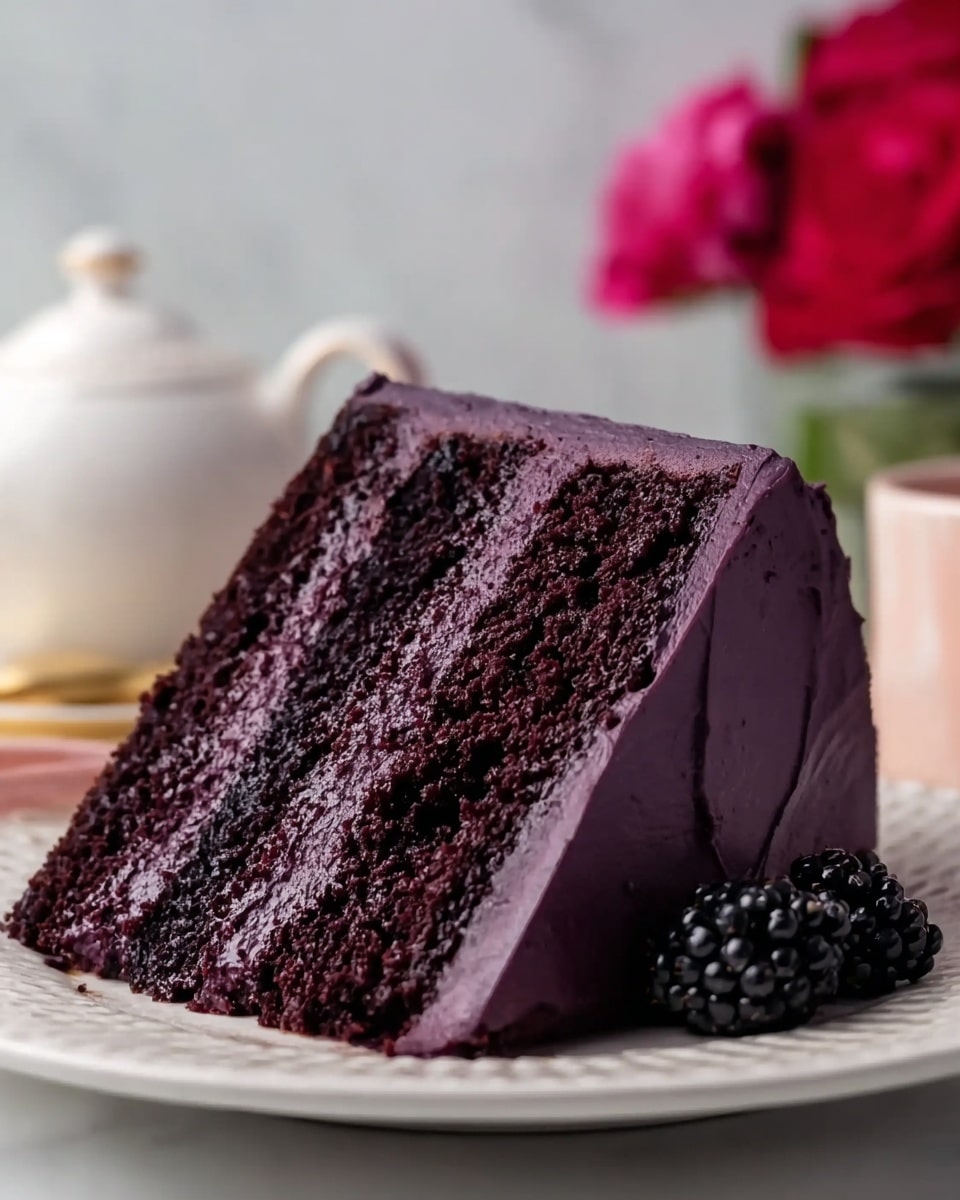 A thick slice of dark chocolate cake with three layers is shown on a white plate with a detailed edge. The middle layer and the outer coating of the cake are covered in smooth dark purple frosting, which contrasts with the deep brown of the chocolate cake layers. The texture of the cake looks moist and soft, while the frosting is glossy and creamy. At the base of the cake slice are two fresh blackberries with a bumpy texture. The background is a soft white marbled texture with a blurred white teapot on the left side and out-of-focus red flowers on the right side. Photo taken with an iphone --ar 4:5 --v 7