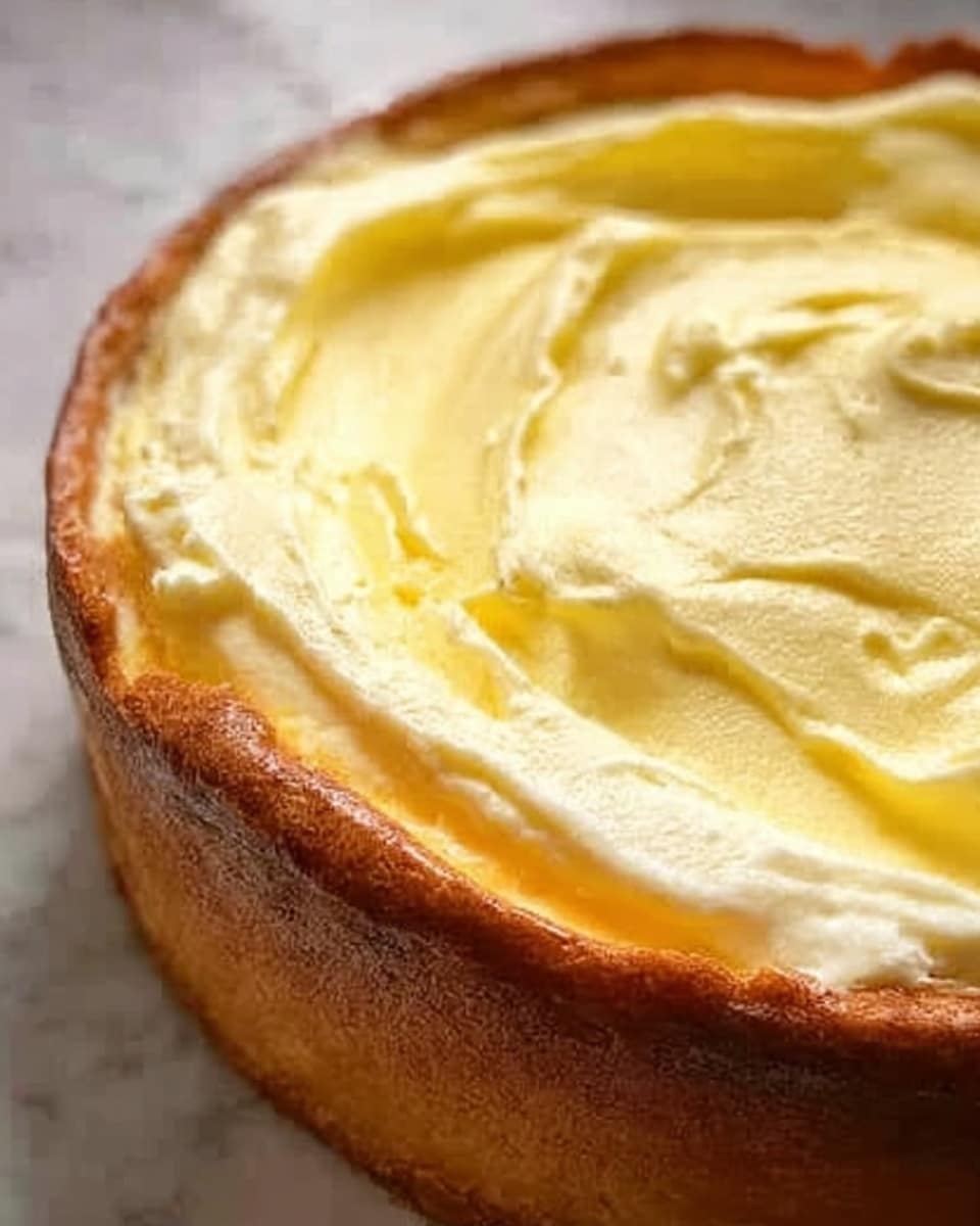 A close-up view of a cake with a thick, creamy yellow layer on top, smooth but with soft waves and texture. The cream sits inside a golden-brown crust that rises a little above the cream, showing a baked edge with a slightly rough texture. The cake is placed on a white marbled surface. Photo taken with an iphone --ar 4:5 --v 7