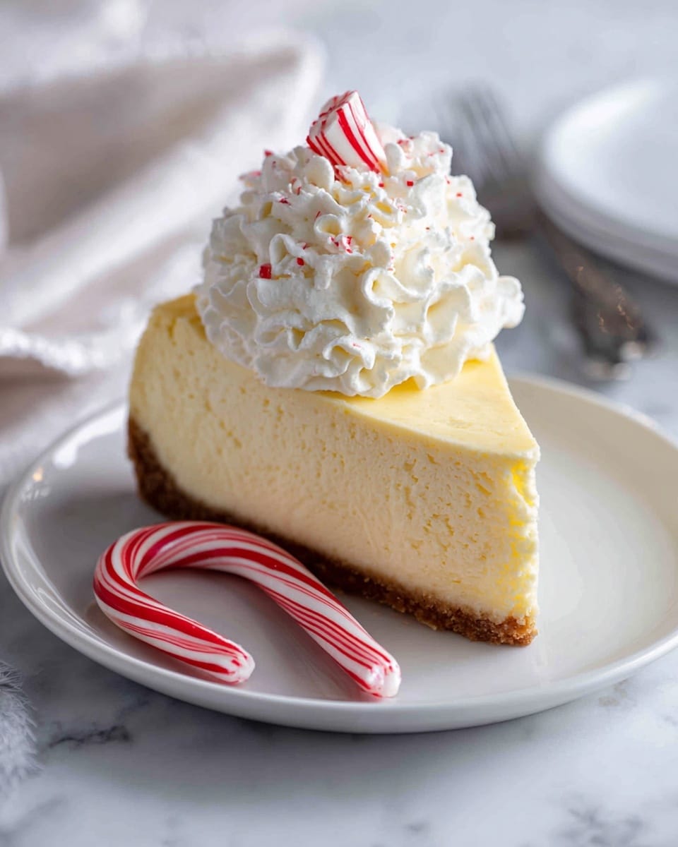 The image shows one slice of light yellow cheesecake with a smooth, creamy texture and small visible specks throughout. It has a thin brown crust at the bottom. On top of the cheesecake, there is a dollop of white whipped cream with a fluffy texture, crowned with a small red-and-white striped candy. In front of the slice, resting on a white plate, is a curved red-and-white striped candy cane. The background features a white marbled surface, with a blurred fork visible behind the cheesecake. Photo taken with an iphone --ar 4:5 --v 7