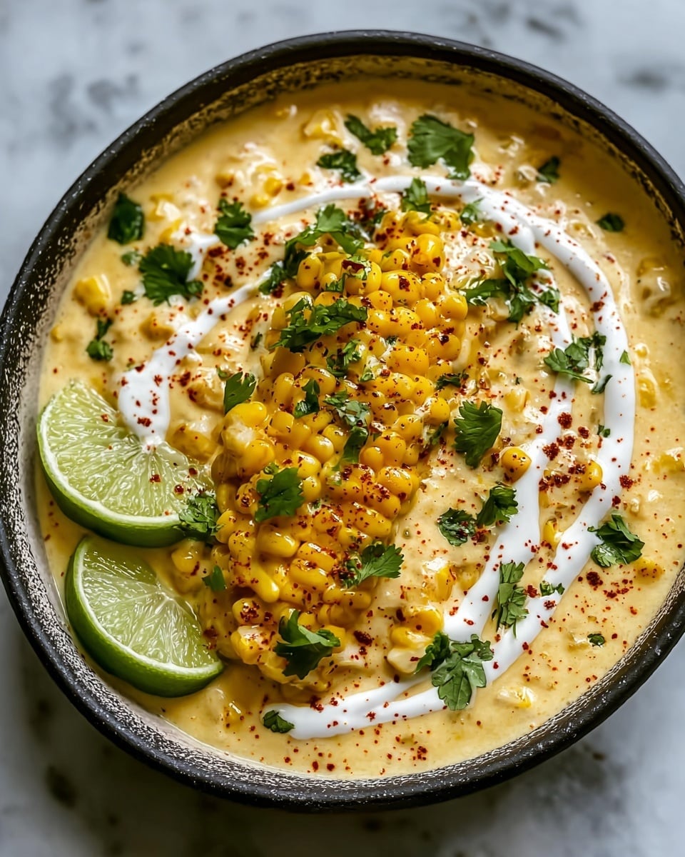 This image shows a bowl filled with creamy corn dish layered with a thick creamy yellow sauce mixed with corn kernels at the bottom layer, topped with a white creamy line drizzled in the center. Bright yellow corn kernels are scattered on top, sprinkled with chopped green cilantro leaves and reddish-brown chili powder. Two green lime wedges are placed at the edge of the bowl, adding a fresh contrast. The bowl is white with a rough dark edge, sitting on a white marbled surface. photo taken with an iphone --ar 4:5 --v 7