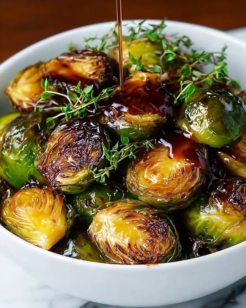 A white bowl filled with several halved roasted Brussels sprouts, showing multiple layers of tightly packed, green and slightly charred leaves with a golden brown crispy texture on the cut sides. The Brussels sprouts are shiny with a dark brown glaze being poured over them, creating a glistening effect. Small, fresh green herb sprigs are scattered on top, adding a touch of natural color contrast to the dish. The bowl is placed on a white marbled surface. photo taken with an iphone --ar 4:5 --v 7