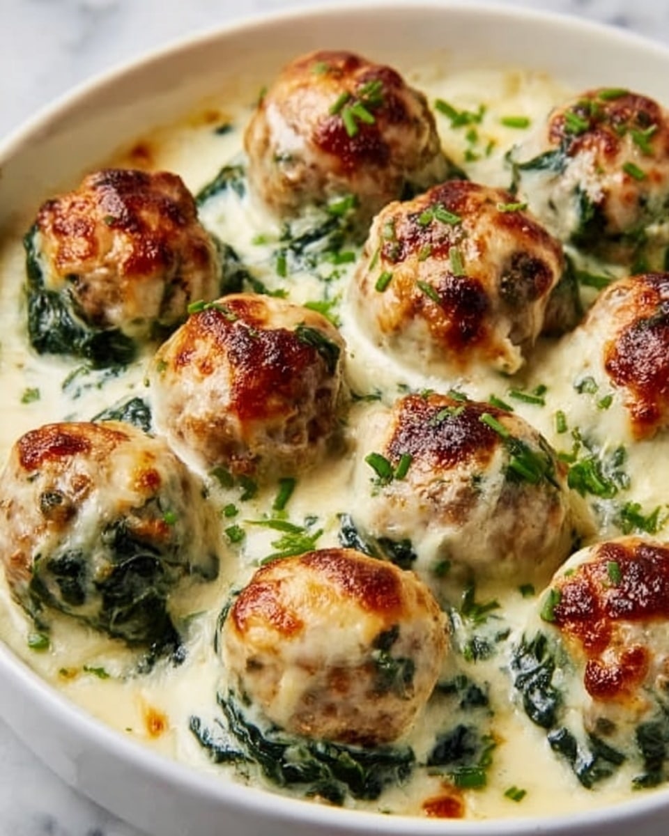 The image shows a white bowl filled with round meatballs covered in a baked, creamy sauce. Each meatball sits on a layer of dark green spinach, visible underneath the golden brown cheese topping that looks bubbly and slightly crispy. The sauce is smooth and white, filling the spaces around the meatballs, making the dish look rich and warm. Some small green herbs are sprinkled lightly on top for a fresh touch. The bowl is placed on a white marbled surface. photo taken with an iphone --ar 4:5 --v 7