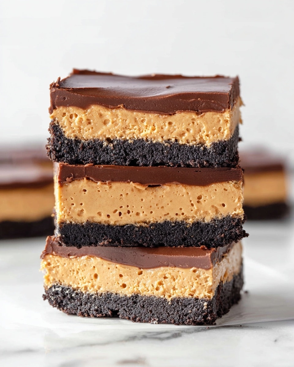 The image shows three stacked dessert bars with three clear layers each, set against a white marbled surface. The bottom layer is a dark, crumbly chocolate crust with a rough texture. The middle layer is thick and creamy with a smooth peanut butter color, holding small airy bubbles for a light look. The top layer is a thin, rich, glossy chocolate coating with slight ripples, adding a shiny finish. The bars are neatly cut with straight edges and slight crumb imperfections visible. Photo taken with an iphone --ar 4:5 --v 7