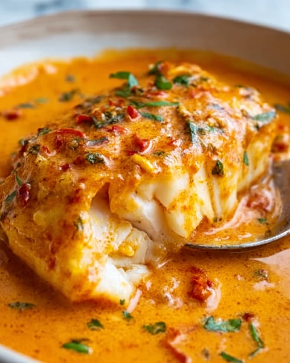A close-up view of a piece of cooked white fish with visible flaky texture, coated in a thick orange sauce with a creamy smooth texture. The sauce contains small red and green bits, possibly herbs and spices, scattered on top. A spoon is partially visible on the right side, scooping the fish gently. The dish is set on a white marbled surface. Photo taken with an iphone --ar 4:5 --v 7