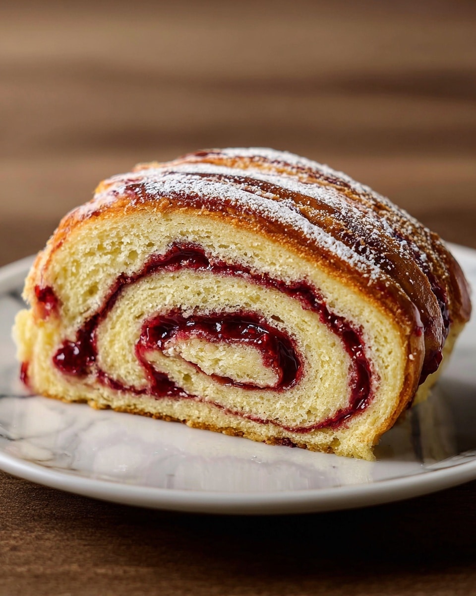 A thick slice of rolled pastry with two visible layers: a golden-brown baked dough exterior with a soft, light yellow inside and a rich, dark red berry jam swirl inside creating a spiral pattern. The pastry is dusted lightly with powdered sugar on top. The slice sits centered on a white plate with a shiny smooth finish, placed on a white marbled surface. The image has a close-up focus, showing the moist texture of the jam and the soft crumb of the dough. photo taken with an iphone --ar 4:5 --v 7