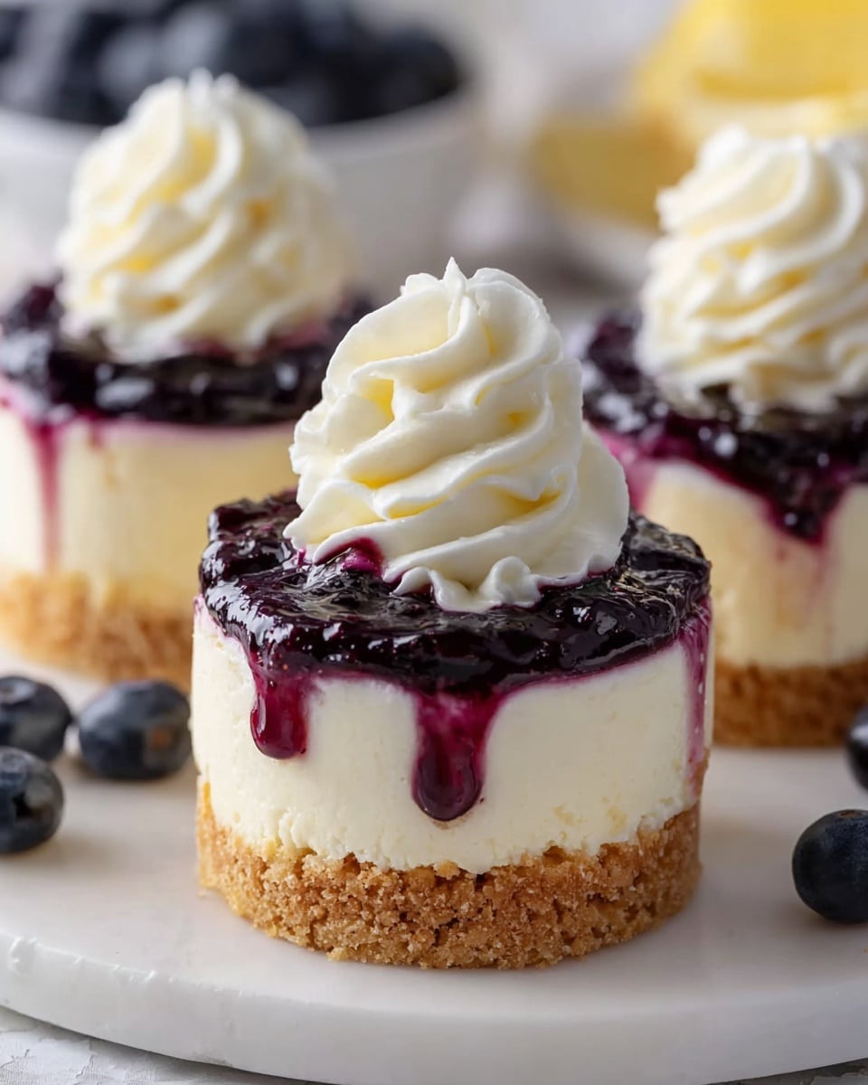 The image shows mini cheesecakes with three distinct layers, each sitting on a round white plate with a white marbled surface beneath. The bottom layer is a crumbly golden-brown crust, firm and textured. The middle layer is thick and creamy, off-white in color, smooth and solid. The top layer is a glossy, deep purple blueberry sauce that appears slightly runny, dripping a bit down the sides of the cream layer. On top of each cheesecake is a swirl of white whipped cream, shaped like a soft rosette with visible smooth ridges. Blueberries and blurred background elements add depth to the scene. Photo taken with an iphone --ar 4:5 --v 7