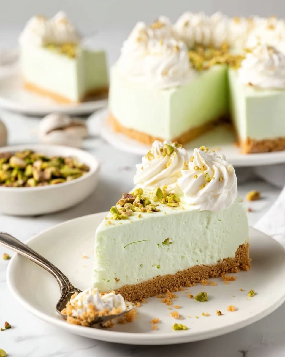 The image shows a slice of light green pistachio cheesecake on a white plate placed on a white marbled surface. The cheesecake has three layers: a crumbly golden brown crust at the bottom, a thick and smooth pale green cheesecake middle layer, and two swirls of white whipped cream on top. The whipped cream is sprinkled with small chopped pistachio nuts, adding a touch of light green and brown texture. Next to the cheesecake slice, a silver spoon holding a small piece of the cake rests on the plate. In the background, there is a larger, whole cheesecake with similar decoration and a small white bowl filled with pistachio nuts. Photo taken with an iphone --ar 4:5 --v 7
