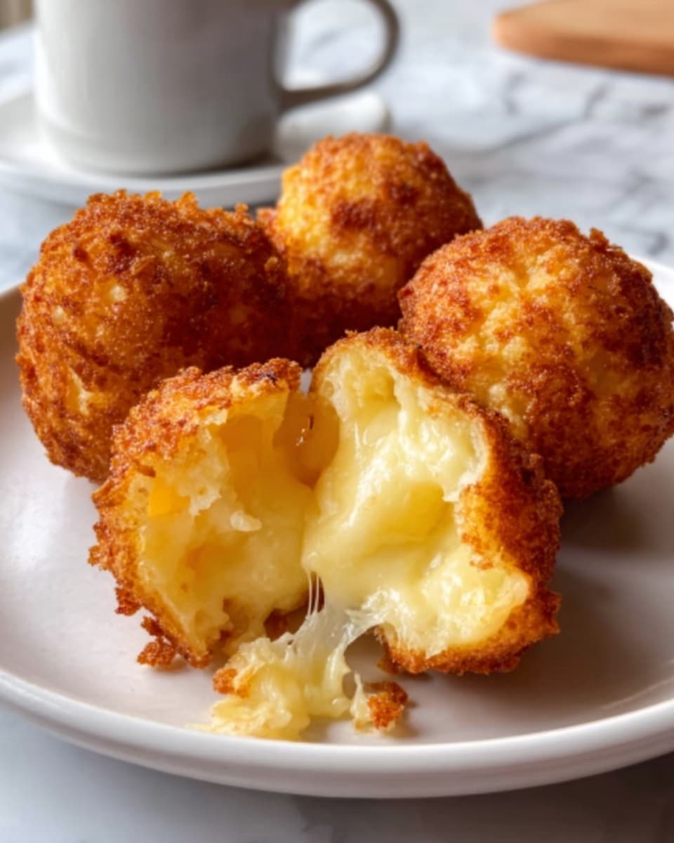 The image shows three round, golden-brown fried balls with a crispy outer layer on a white plate, set on a white marbled surface. One of the balls is broken open, revealing a soft, gooey, and stretchy cheese interior with a light yellow color inside. The texture of the outside is rough and crunchy, while the inside looks soft and melted. There is a blurry white cup in the background, adding depth to the scene. photo taken with an iphone --ar 4:5 --v 7