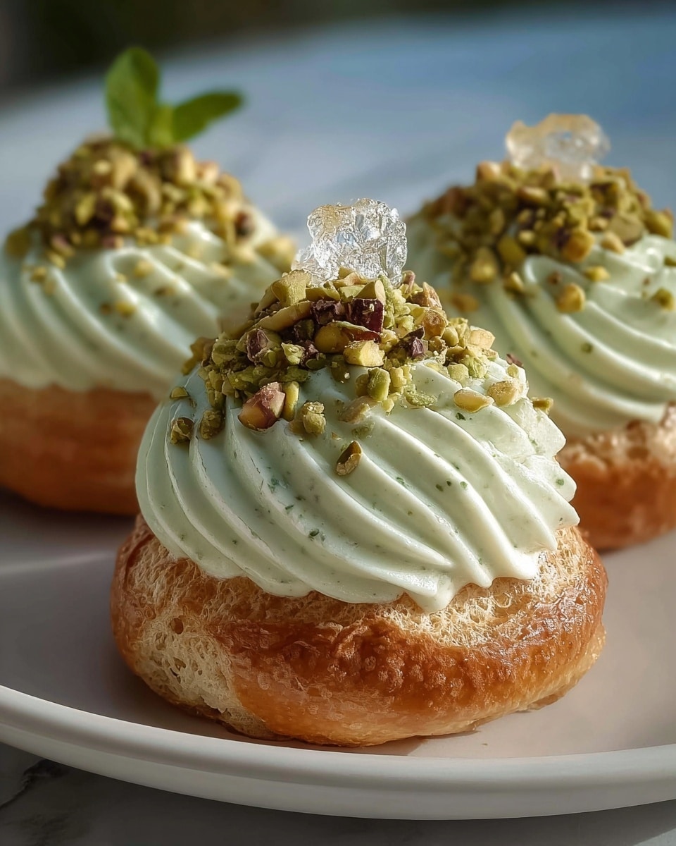 Three pastries sit closely on a white plate over a white marbled surface. Each pastry has a round, golden brown base with a light, airy texture. Above the base, there is a thick layer of pale green cream piped in a swirl with fine ridges, speckled with crushed green nuts. On top of the cream, there are chopped pistachios, a small translucent sugar decoration, and a tiny fresh green mint leaf adding contrast and height. The lighting highlights the textures and colors, showing clear details of the creamy layer and crunchy toppings. photo taken with an iphone --ar 4:5 --v 7