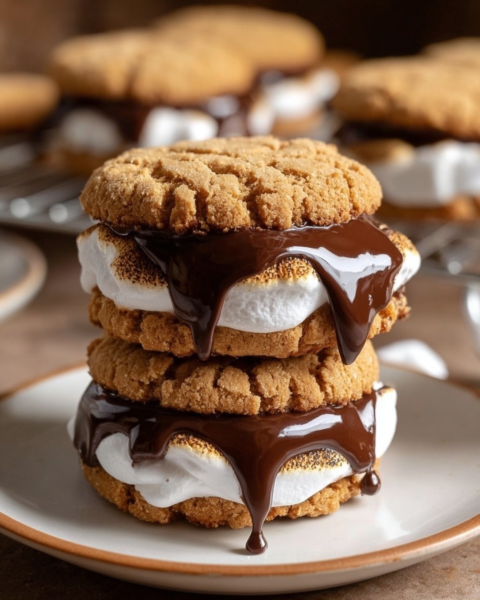 A close-up of a double stacked s'mores cookie sandwich on a white plate with a brown rim, set on a white marbled surface. Each sandwich has three golden-brown textured cookies with slightly cracked tops; between the first and second cookie is a thick layer of melted dark chocolate dripping down the sides and a fluffy white marshmallow layer on top. The second chocolate layer is visible below the bottom cookie with marshmallow and chocolate slightly oozing out of the edges, creating a rich and gooey look. In the blurred background, more s’mores cookie stacks rest on a white marbled surface. The lighting is warm, enhancing the soft textures and the creamy melt of chocolate and marshmallow. photo taken with an iphone --ar 4:5 --v 7