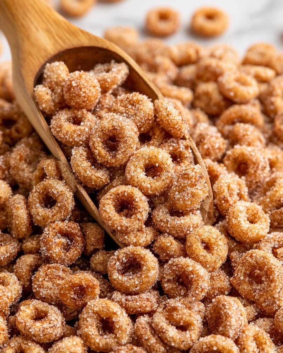 The image shows a close-up of many small, round cereal pieces covered with a fine layer of sugar and cinnamon, giving them a golden brown color with sparkling sugar crystals. Inside the pile of cereal pieces is a wooden scoop partially filled with the cereal, its curved edges and grainy wood texture clearly visible. The cereal pieces appear crunchy, with a slightly rough texture due to the coating of sugar and cinnamon. The whole scene is set against a white marbled background, enhancing the warm brown tones of the cereal. photo taken with an iphone --ar 4:5 --v 7