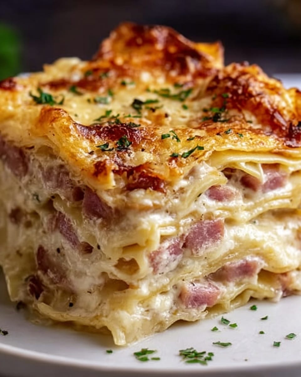 The image shows a close-up of a square piece of lasagna on a white plate, sitting on a white marbled surface. The lasagna has many layers, starting with a golden-brown baked cheese top that looks crispy and slightly bubbly. Below the cheese, there are creamy white sauce layers mixed with thin pasta sheets. Between the pasta layers, you can see slices of cooked pinkish meat, which look tender and slightly juicy. Small green herbs are sprinkled lightly on top, adding a fresh touch. The edges of the lasagna are slightly browned and crispy, making the layers clearly visible. Photo taken with an iphone --ar 4:5 --v 7