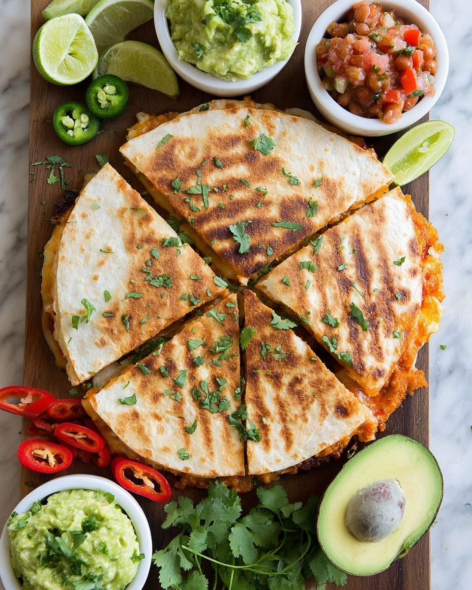 A round quesadilla cut into four large equal pieces, with a golden toasted tortilla top showing clear grill marks and sprinkled with fresh green cilantro leaves. The quesadilla’s filling peeks slightly from the edges, offering a mix of melted cheese and a reddish-orange layer likely from beans or sauce. It rests on a wooden board surrounded by quartered lime wedges, fresh green jalapeños, red chili slices, and sprigs of cilantro. To the side, two white bowls hold mashed guacamole with a lumpy texture and fresh salsa made from finely chopped tomatoes, onions, and herbs. Two avocado halves, one with the seed and the other scooped out, lie near the bowl, all set on a white marbled surface. Photo taken with an iphone --ar 4:5 --v 7