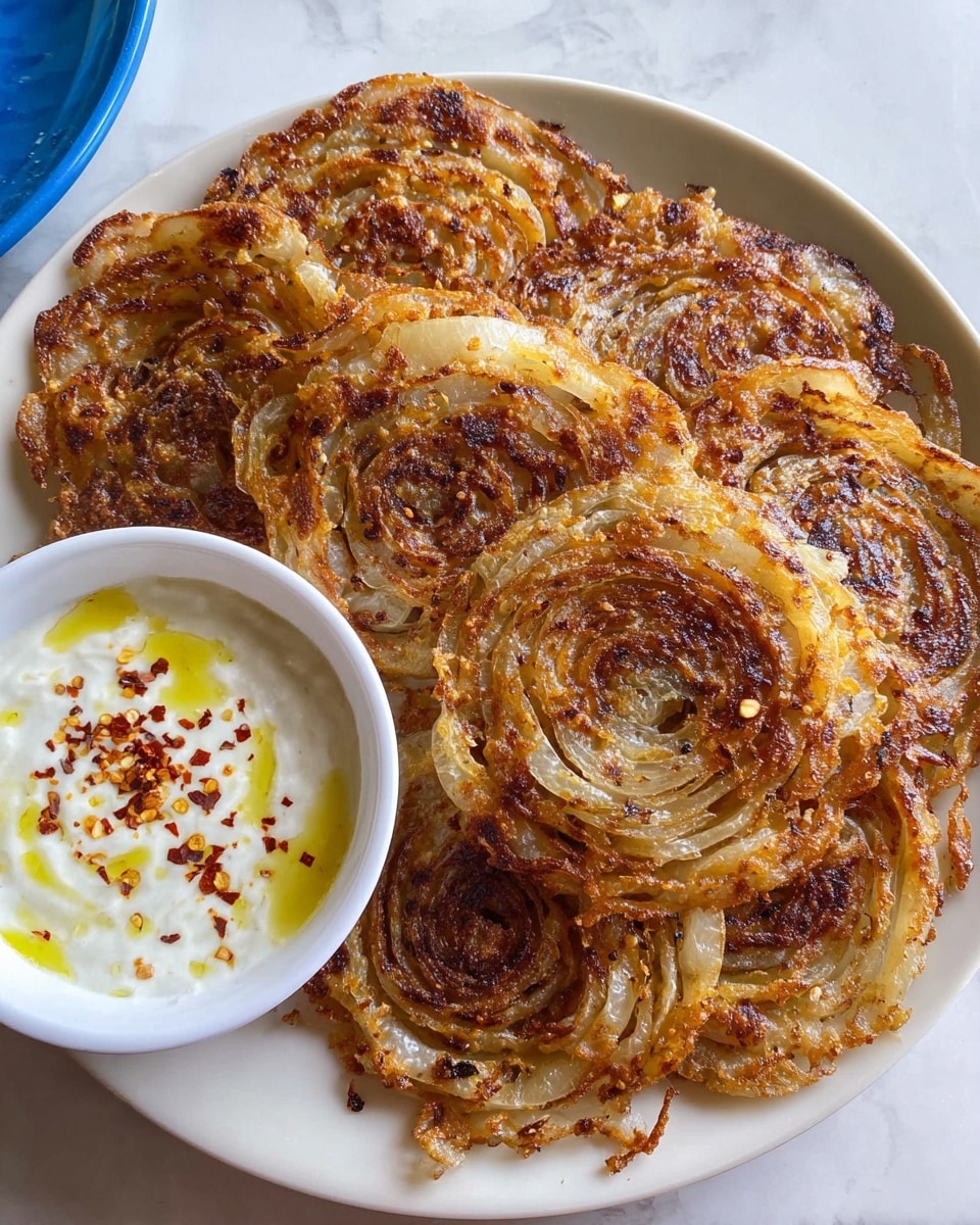 The image shows a plate with crispy, golden-brown onion pancakes that have visible layers of thinly sliced onions cooked to a caramelized texture, creating a spiral pattern on each piece. There are several round pancakes overlapping each other, showing a mix of light and dark browned spots indicating a crunchy surface. On the side, a small white bowl contains a creamy white sauce drizzled with yellow oil and sprinkled with red chili flakes. The plate is white and placed on a white marbled surface. photo taken with an iphone --ar 4:5 --v 7