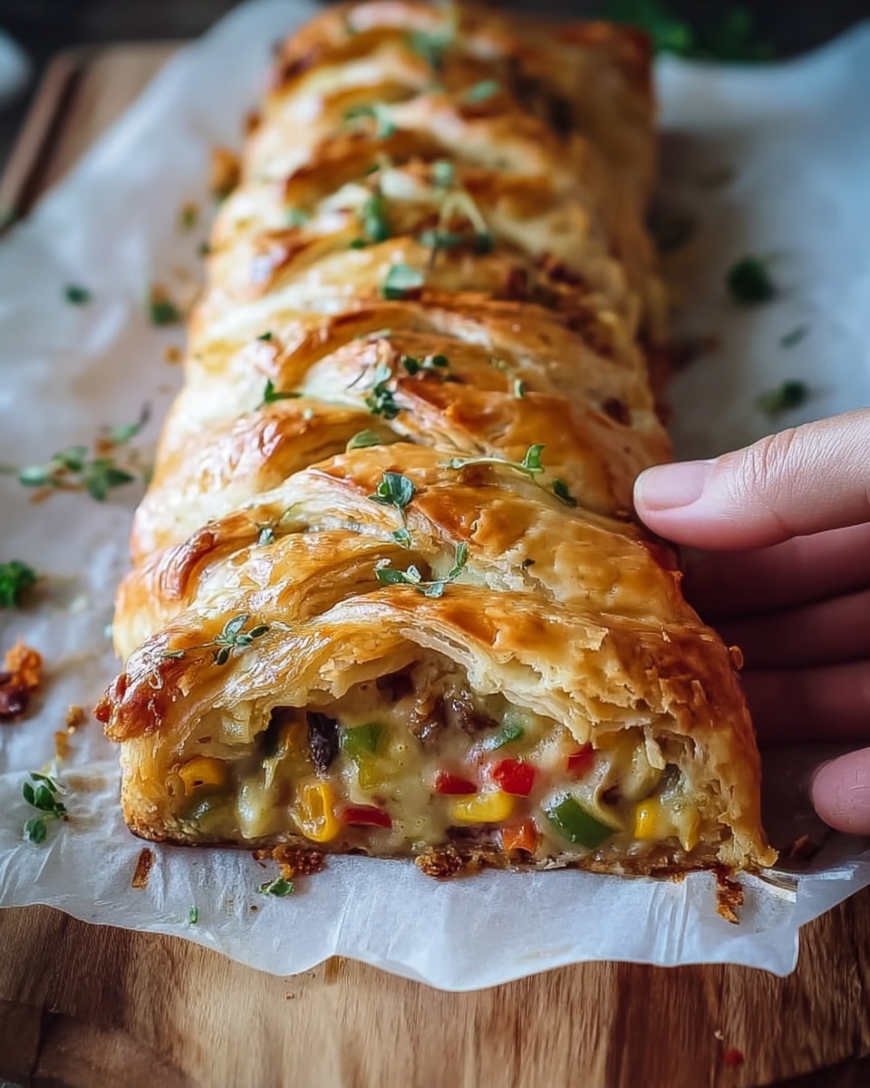 A golden brown puff pastry braid with a shiny, flaky top layer showing clear, crisp folds. Inside, there are colorful vegetable pieces in a creamy, light sauce, including red, green, and yellow chunks, with bits of herbs mixed throughout. The pastry lies on white parchment paper over a wooden board, and a woman's hand is gently pulling the braid. Small green herb leaves are scattered on top and around the pastry. photo taken with an iphone --ar 4:5 --v 7