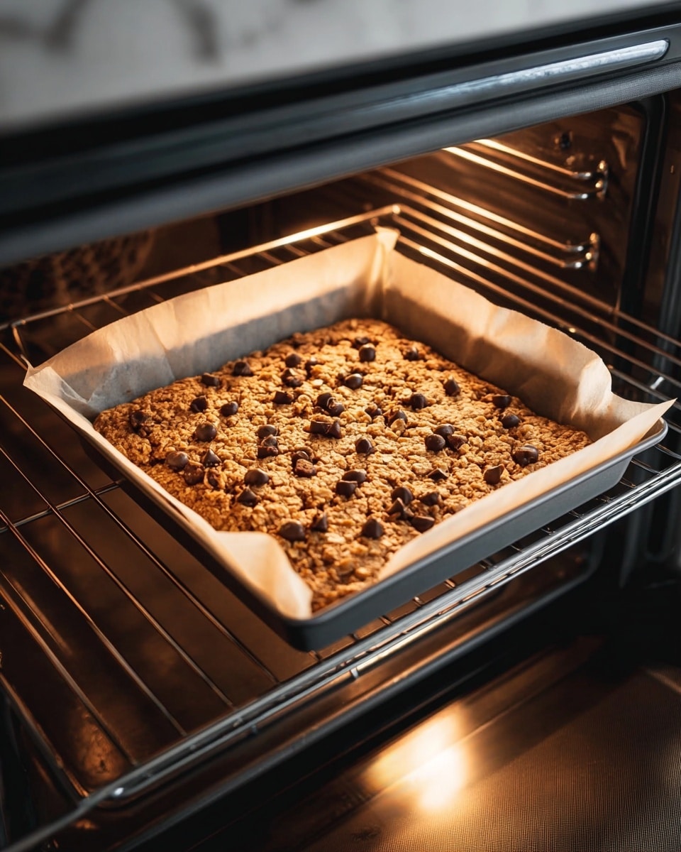 A square baking tray lined with parchment paper holds a golden-brown baked oat bar with a rough texture and studded with dark chocolate chips scattered evenly on top. The oat bar surface looks soft and slightly crumbly, filling the tray fully and rising a little in the middle. The tray is inside an oven, with warm light casting a gentle glow on the oat bar. The background shows the oven interior in dark gray metal tones, while the lower part of the oven door is visible with a reflection. The whole scene is set against a white marbled texture background. photo taken with an iphone --ar 4:5 --v 7