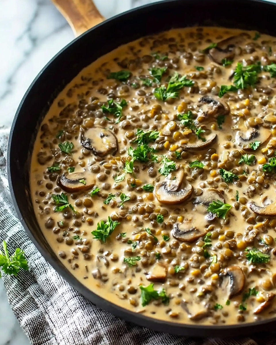The image shows a black pan filled with a creamy dish made of many small lentils mixed with sliced mushrooms. The cream sauce is light beige, slightly thick, covering the lentils and mushrooms evenly. Bright green parsley leaves are scattered on top, adding color contrast. The pan sits on a white marbled surface with a gray cloth underneath. The textures in the dish include soft lentils, tender mushrooms, and creamy sauce. photo taken with an iphone --ar 4:5 --v 7