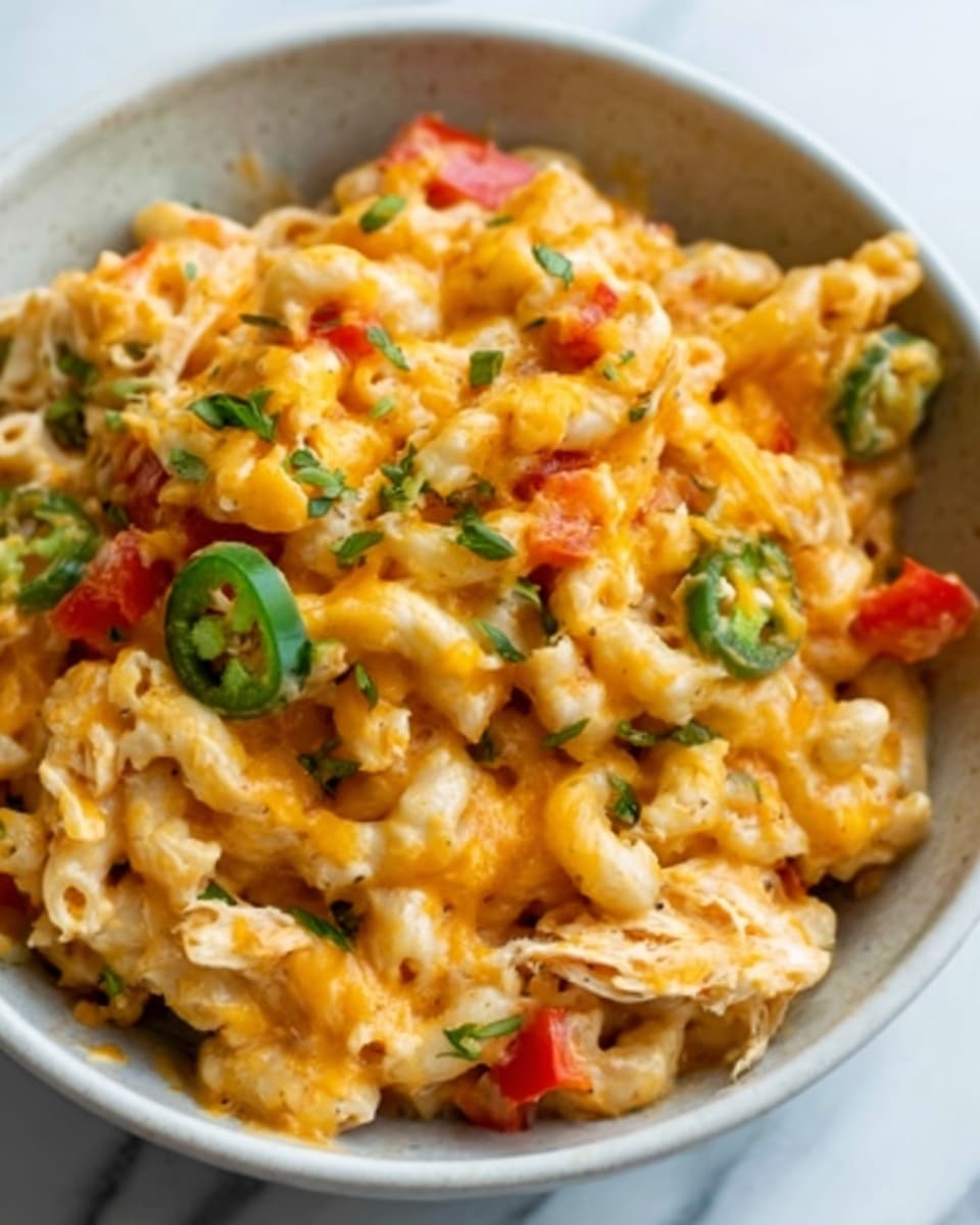 A close-up view of a white bowl filled with a cheesy pasta dish. The pasta is short and curly, coated in a golden-orange creamy cheese sauce. Scattered throughout are small pieces of red bell pepper and green sliced jalapeños, adding color contrast. The cheese topping is melted and slightly browned at spots, with a few green herbs sprinkled on top. The bowl sits on a white marbled surface. photo taken with an iphone --ar 4:5 --v 7