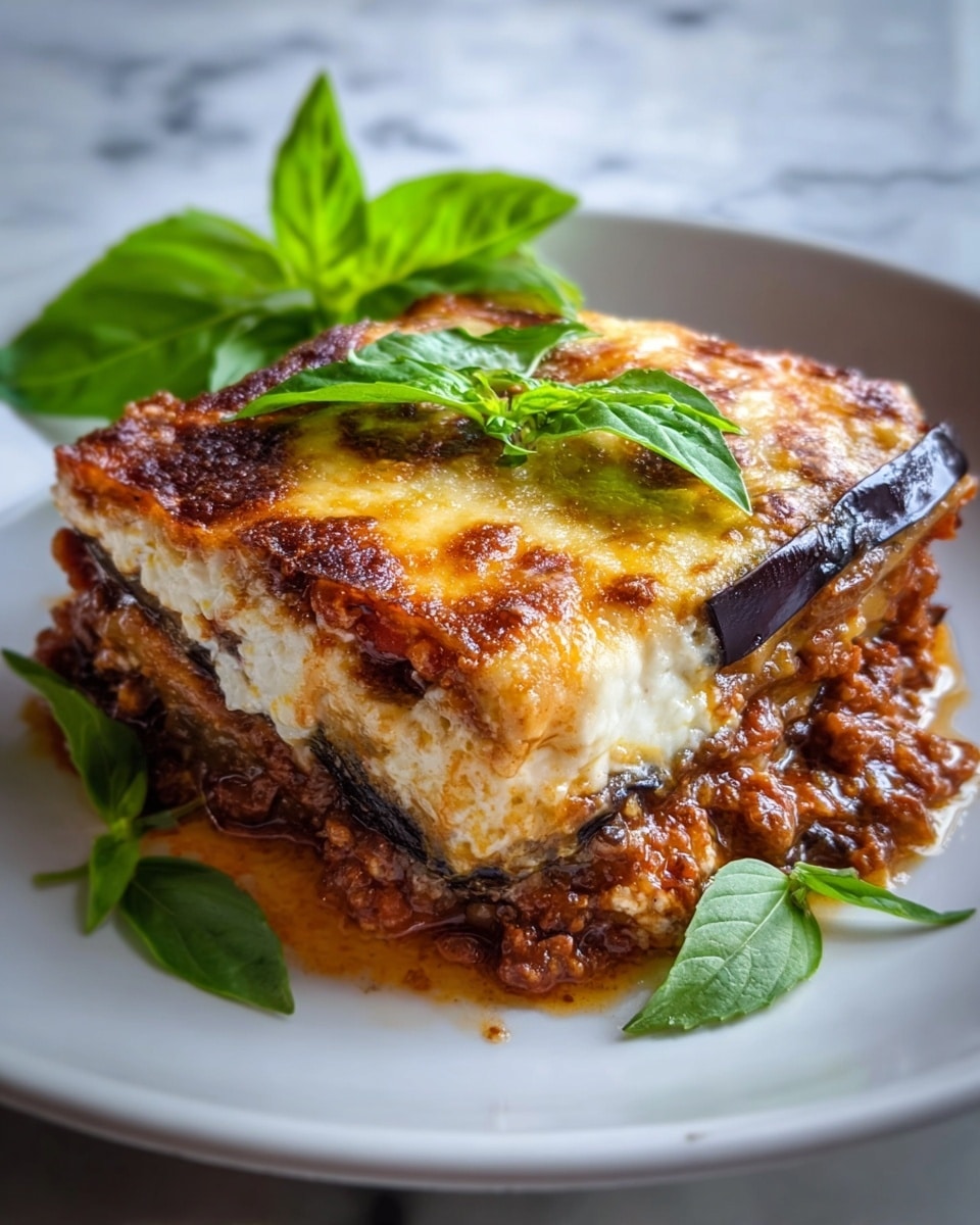 A square piece of lasagna sits on a white plate over a white marbled texture surface. The lasagna has four visible layers: a bottom layer of thick, rich red meat sauce mixed with melted cheese, a second layer of dark purple eggplant slices, a third layer of creamy white cheese, and a top layer with golden-brown melted cheese that has browned spots and a slightly crispy texture. Fresh green basil leaves are placed on top and around the lasagna for garnish. The overall look is hearty and cheesy with vibrant colors. photo taken with an iphone --ar 4:5 --v 7