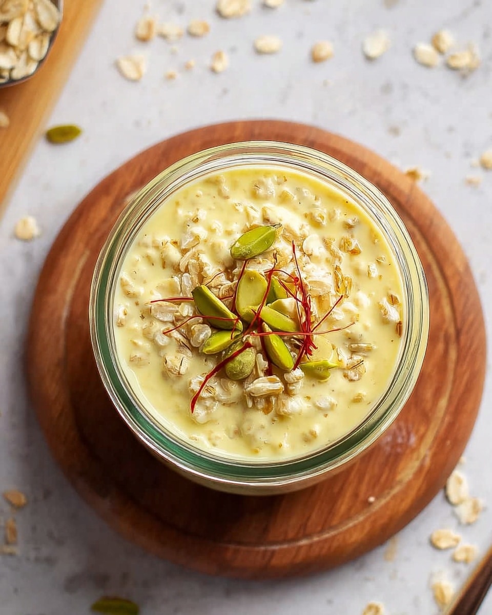 A top-down view of a glass jar filled with a creamy, pale yellow pudding made with oats. Inside the jar, the oats provide a textured, chunky layer slightly mixed into the smooth pudding. On top, there are thin green almond slices and a few red saffron strands scattered, adding contrast and detail. The jar is placed on a small brown wooden round board, which sits on a white marbled surface sprinkled with some oats and green almond pieces around the board edges. Photo taken with an iphone --ar 4:5 --v 7
