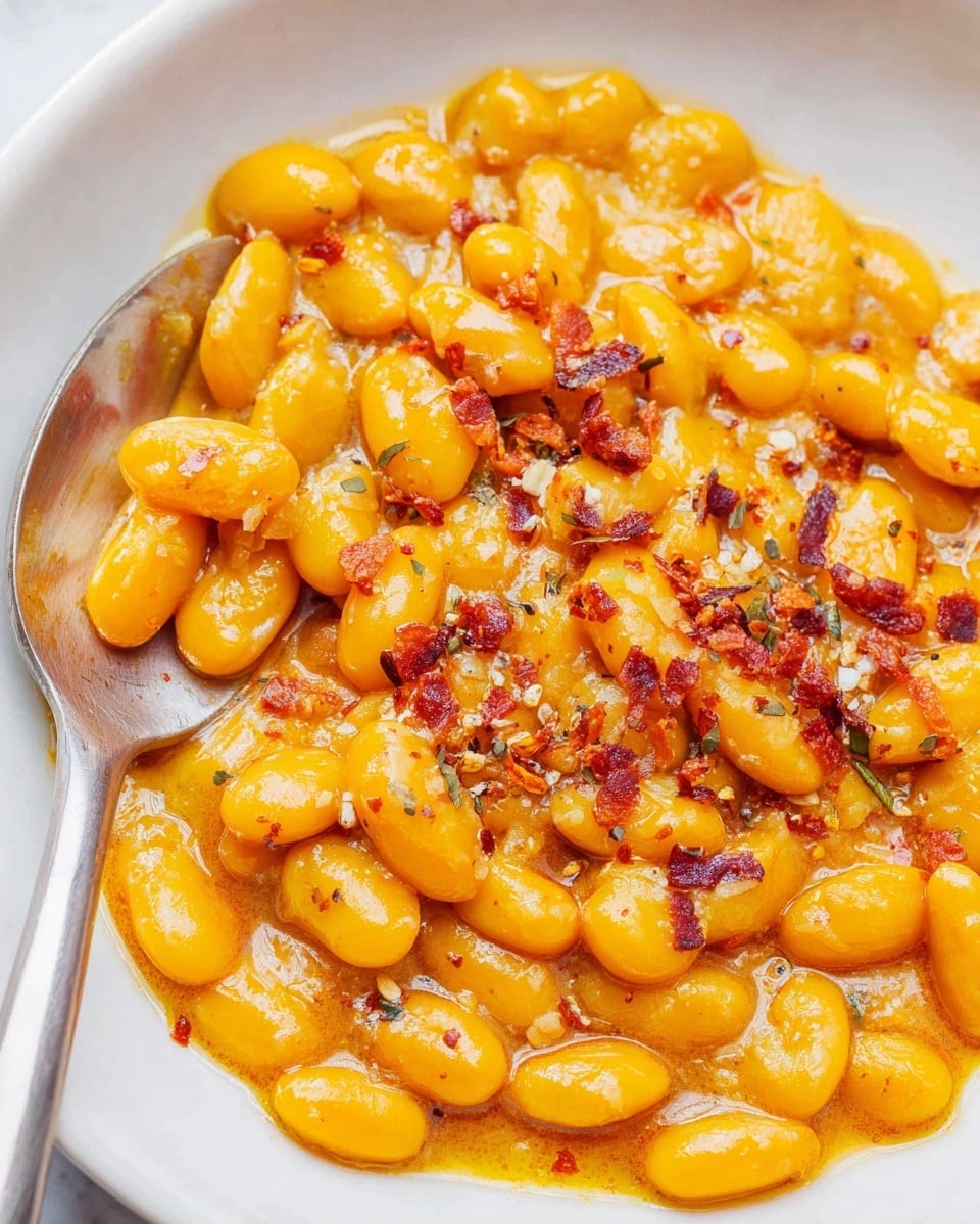 The image shows a close-up of a dish in a white bowl placed on a white marbled surface. The dish has one main layer of bright yellow-orange beans covered in a shiny, slightly thick sauce. The beans are plump and smooth, with a glistening texture. Scattered on top are small bits of reddish-brown flakes and tiny white seeds, adding texture and contrast. The sauce has a glossy finish with specks of seasoning visible throughout. A silver spoon is partially visible on the left, resting in the bowl. photo taken with an iphone --ar 4:5 --v 7