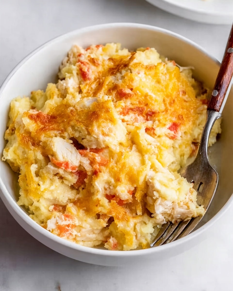 A white bowl filled with a warm dish that has about three layers. The bottom layer is creamy and pale yellow, softly textured like mashed potatoes or creamy sauce. The middle layer contains chunks of white and light brown pieces, possibly chicken or seafood, mixed with small bits of bright orange, which look like carrots or bell peppers. The top layer is melted cheese, light yellow, with a slightly crispy and bubbly texture in some spots. A silver fork with a wooden handle rests inside the bowl on the right side. The bowl sits on a white marbled surface. Photo taken with an iphone --ar 4:5 --v 7
