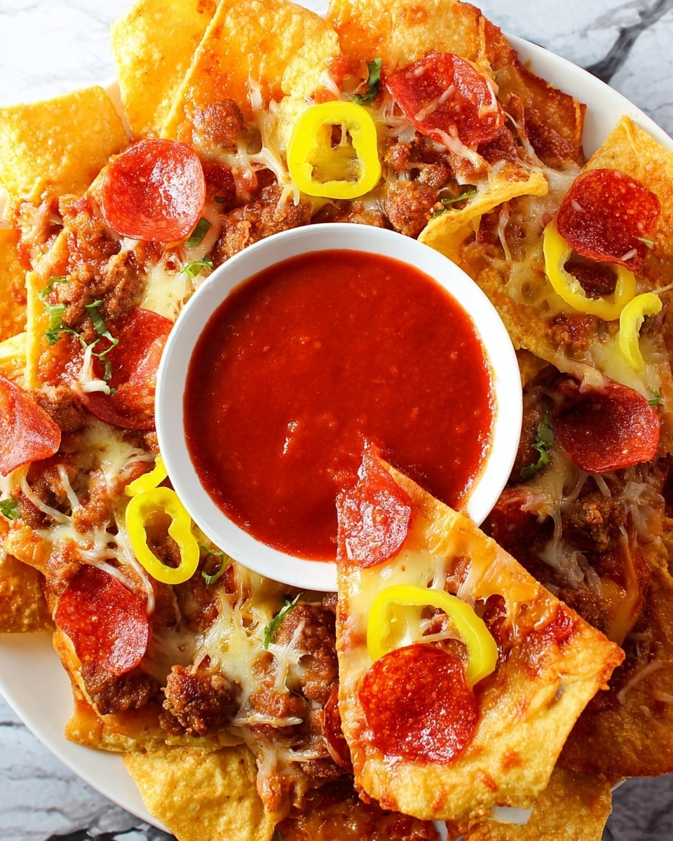 The image shows a white plate full of crispy golden brown nacho chips layered with melted cheese, small browned crumbles of sausage, round red pepperoni slices, and bright yellow pepper rings scattered on top. In the center of the plate is a white bowl filled with thick, red marinara sauce, and one chip topped with pepperoni, sausage, cheese, and yellow pepper is dipped halfway into the sauce. The background is a white marbled texture. photo taken with an iphone --ar 4:5 --v 7