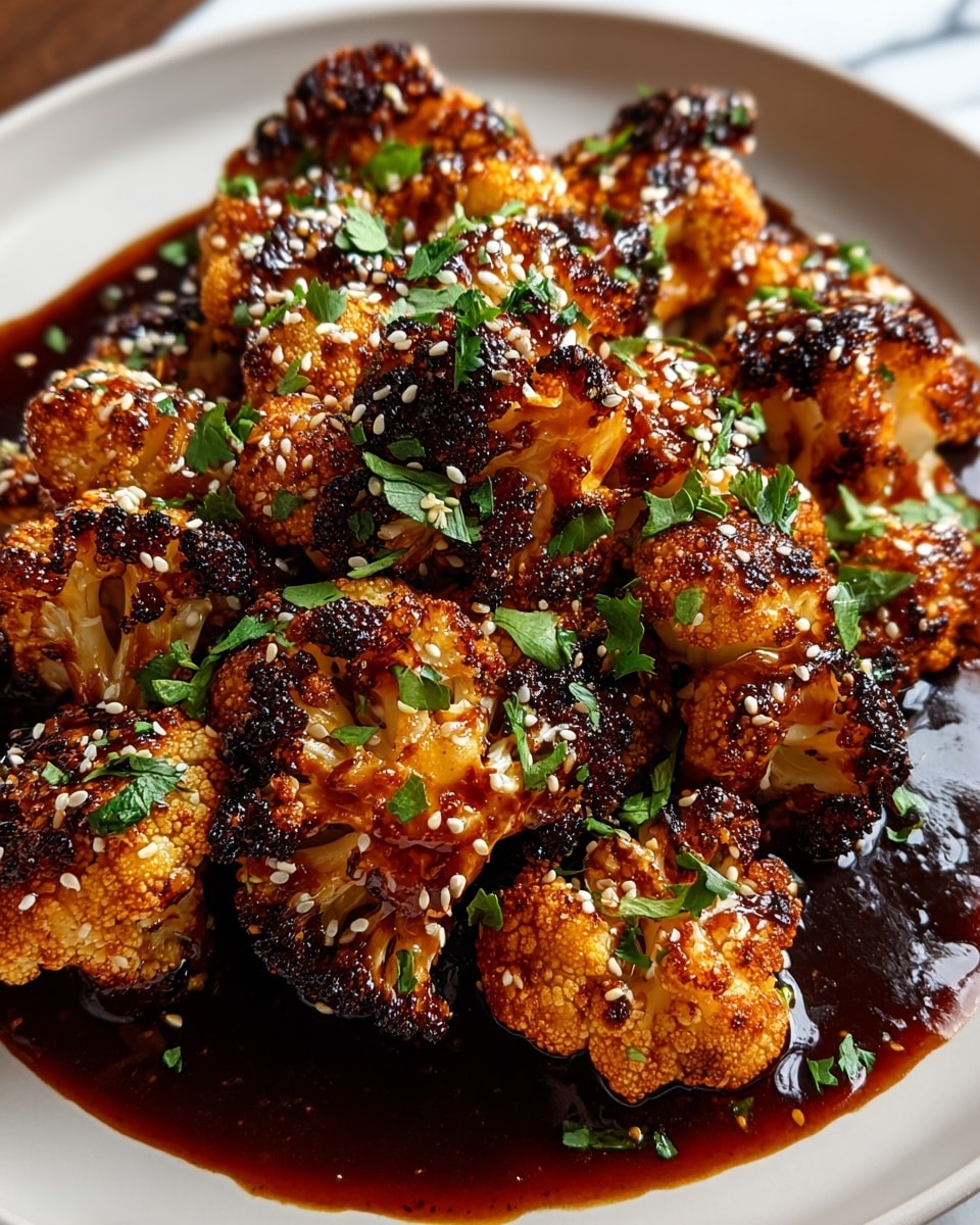 A white plate holds a single layer of roasted cauliflower florets, each piece charred to a deep golden brown with some blackened edges. The cauliflower is coated in a thick, shiny dark reddish-brown sauce that pools slightly on the plate. Scattered across the cauliflower are small white sesame seeds and bright green chopped herbs, adding color contrast and texture. The background is a white marbled surface. photo taken with an iphone --ar 4:5 --v 7