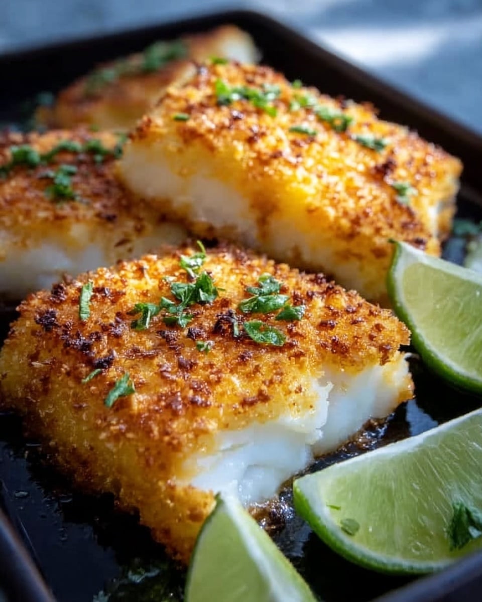 The image shows a close-up of three pieces of breaded fish with a golden-brown, crispy topping, sprinkled with small green herbs on top. The fish has a white, flaky interior visible on the cut edges. To the right side, there are wedges of lime. The pieces are placed on a black tray, which is set on a white marbled textured surface. The lighting highlights the crunchy texture and fresh garnish. photo taken with an iphone --ar 4:5 --v 7