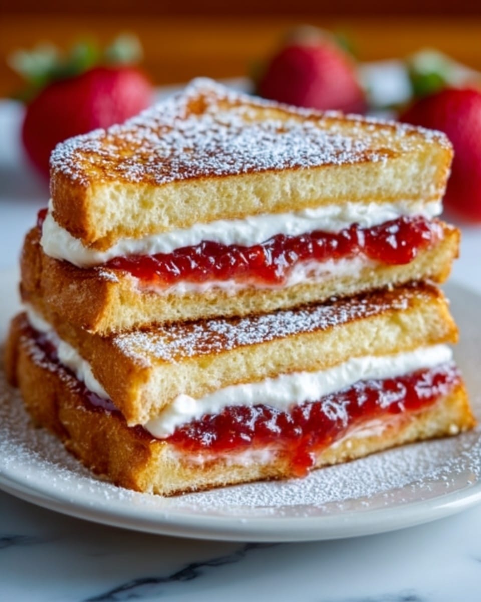 The image shows two halves of a sandwich stacked on a white plate with a white marbled surface underneath. Each sandwich half has three layers of golden-brown toasted bread with a 1st layer of white creamy spread, a 2nd layer of bright red jam, and a 3rd layer of another layer of white creamy spread between the bread slices. The sandwiches have a dusting of white powdered sugar on top. In the background, there are some bright red strawberries slightly out of focus. Photo taken with an iphone --ar 4:5 --v 7