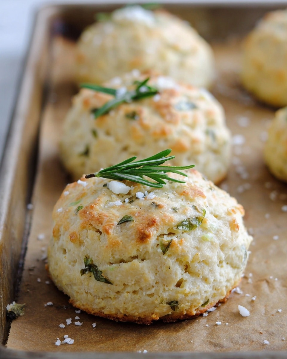 The image shows a close-up of a round biscuit with a rough texture, light golden-brown on top and creamy white around the sides, sitting on brown baking paper on a baking tray. The biscuit has small white crumbs on top along with small green herb pieces, and it is topped with a small sprig of fresh green rosemary. Behind it, there are more similar biscuits slightly out of focus. The photo is set on a white marbled surface. Photo taken with an iphone --ar 4:5 --v 7