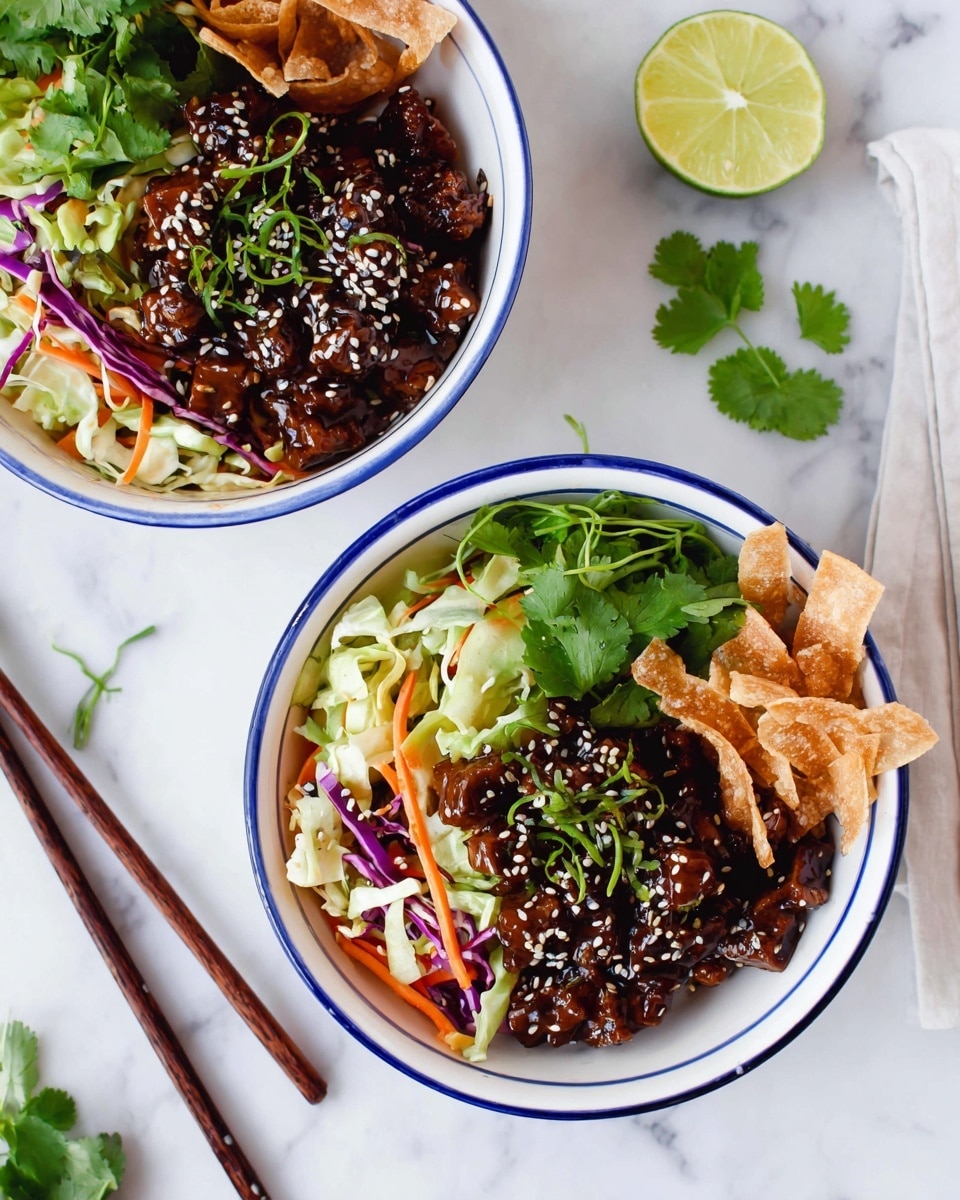 Two white bowls with blue rims sit on a white marbled surface, each filled with three main layers. The bottom layer is a mixed cabbage slaw showing light green, orange, and purple colors with thinly sliced texture. On top of this is a glossy dark brown saucy meat or tofu, sprinkled with white and black sesame seeds and garnished with fresh green herbs. The top right section of each bowl holds crispy, tan-colored fried strips arranged in a small stack. One bowl has a small bright green lime wedge tucked at the side. Nearby are a few sprigs of fresh cilantro and dark brown wooden chopsticks. photo taken with an iphone --ar 4:5 --v 7