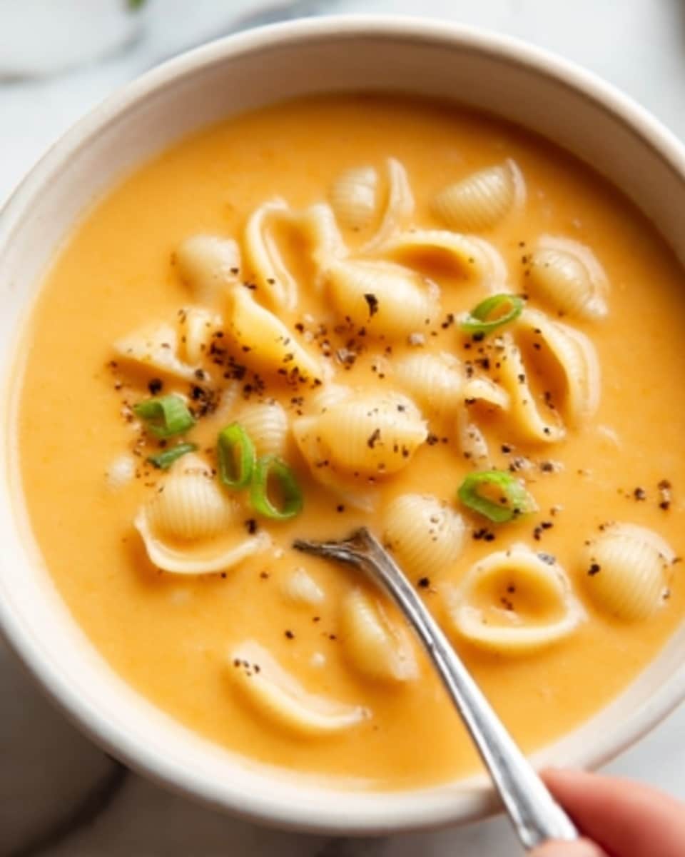 A white bowl filled with creamy orange-colored soup topped with small shell pasta pieces. The soup has a smooth texture with a few small green onion slices scattered on top. There is a sprinkle of black pepper for garnish. A spoon is partly submerged in the soup, with a woman's hand holding the spoon from the right side. The background features a white marbled texture. photo taken with an iphone --ar 4:5 --v 7
