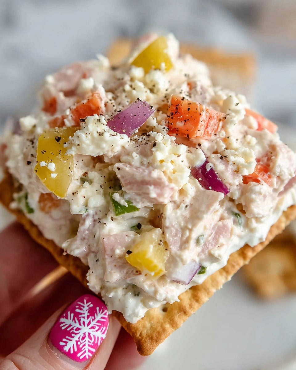 A close-up image shows a white rectangular cracker topped with a creamy salad mixture. The salad has three main layers: the base layer is thick and white with a smooth, creamy texture; mixed in are soft pieces of light pink ham and shredded bright orange carrots; small chunks of vivid yellow bell pepper and diced red onion add pops of color. There are also crumbly bits of white cheese sprinkled on top, and a light dash of coarse black pepper is scattered across the surface. A woman's hand with pink nails holding a white snowflake design is visible at the bottom right corner, with a white marbled surface in the blurry background. Photo taken with an iphone --ar 4:5 --v 7