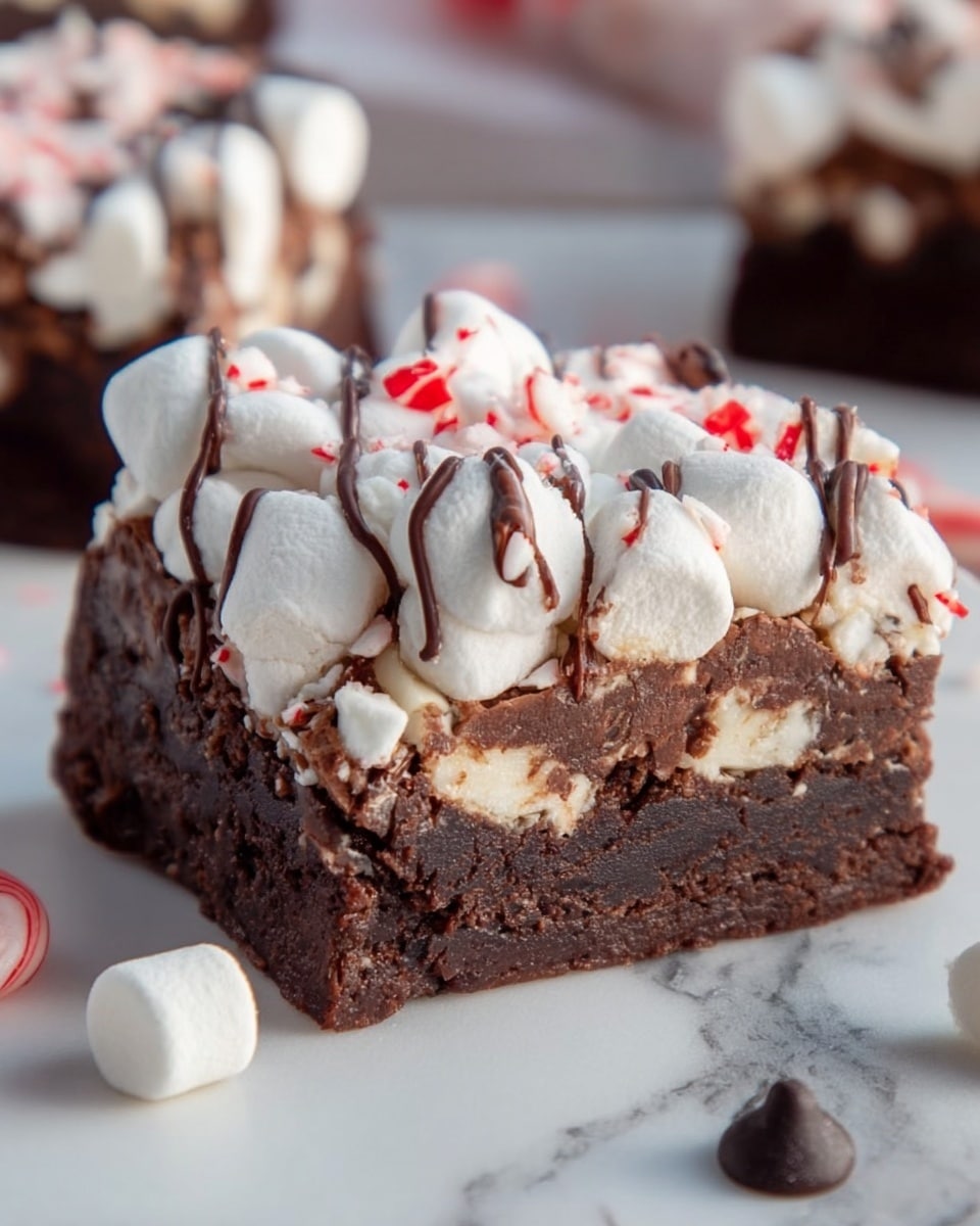 A thick, square brownie bar with three visible layers sits on a white marbled surface. The bottom layer is dark brown and dense, looking like a classic brownie. The middle layer is lighter brown with a chunkier, marshmallow-filled texture. The top layer is covered with white, fluffy mini marshmallows scattered unevenly, some slightly melting into the layer below. Small pieces of crushed peppermint candy add red and white specks on the marshmallow layer. Thin dark chocolate drizzle lines run over the top and sides, adding a shiny contrast. Around the brownie, there are loose peppermint candy pieces, a marshmallow, and a dark chocolate chip. Photo taken with an iphone --ar 4:5 --v 7
