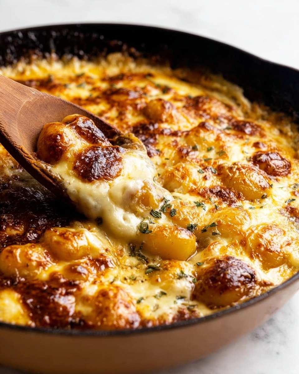 A close-up of a skillet filled with a cheesy golden brown dish topped with whole gnocchi and browned melted cheese layers, bubbling with slightly crispy and caramelized edges. The top layer shows a mix of shiny, browned cheese with some toasted spots and small herbs scattered on top. A wooden spoon is scooping through the thick, gooey cheese and soft gnocchi beneath, revealing a lighter, creamy layer underneath the browned surface. The skillet is placed on a white marbled texture. photo taken with an iphone --ar 4:5 --v 7
